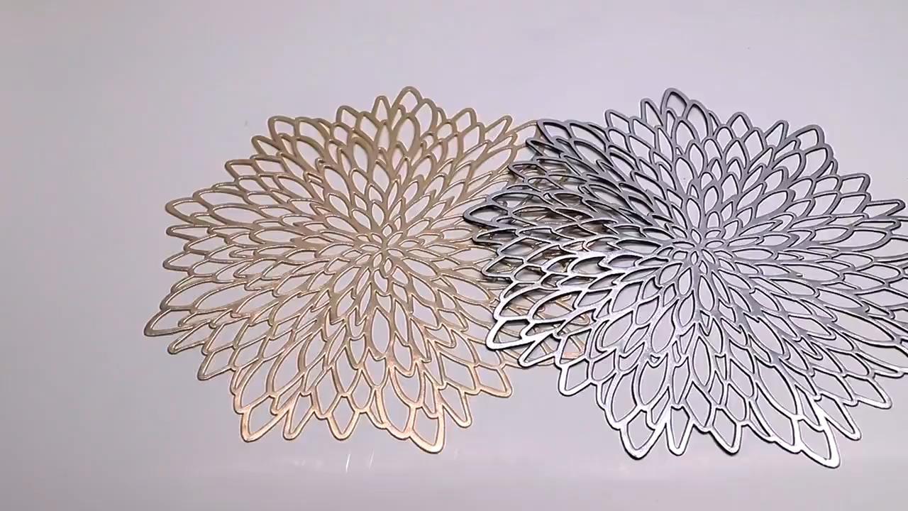 thumbnail video image 2 of 4-Pack Silver PVC Placemats ,Reversible Hollow out Design Table Chargers for Dining Table Settings (15inch), 2 of 8