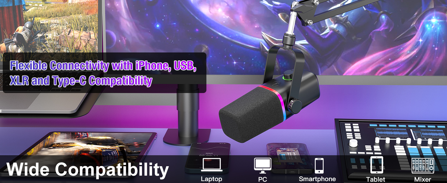 thumbnail video image 2 of ZealSound XLR/USB Dynamic Microphone for Gaming Podcast,Mic for iPhone Phone PC Computer Gaming Streaming Microphone with RGB Light,Mute Button,Mic Gain,Headphones Jack,Boom Arm Stand,Singing YouTube, 2 of 8