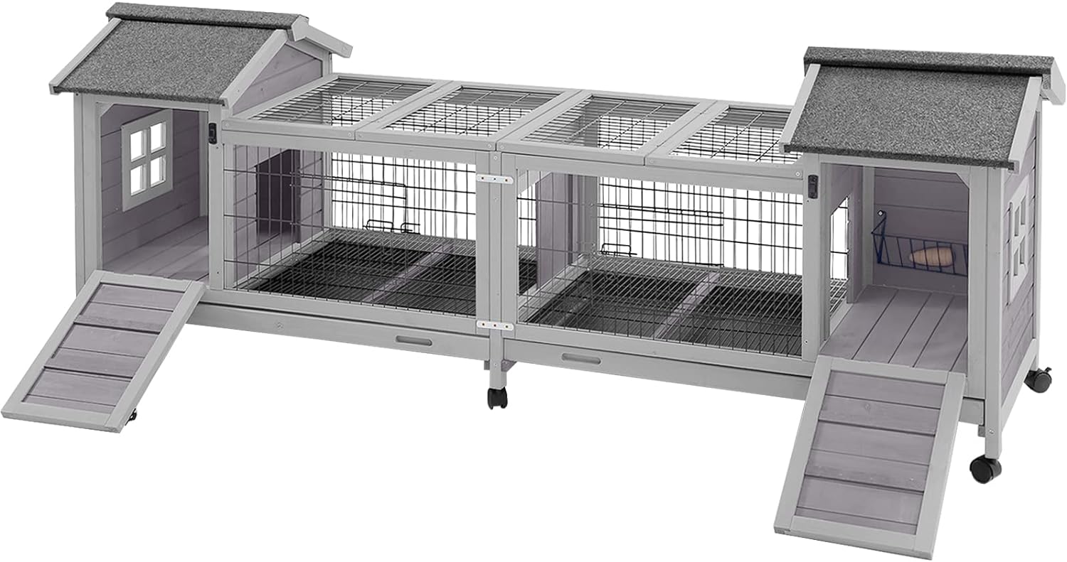 thumbnail video image 2 of Aivituvin Rabbit Hutch Bunny Cage Guinea Pig House with Wheels Double House, 2 of 7