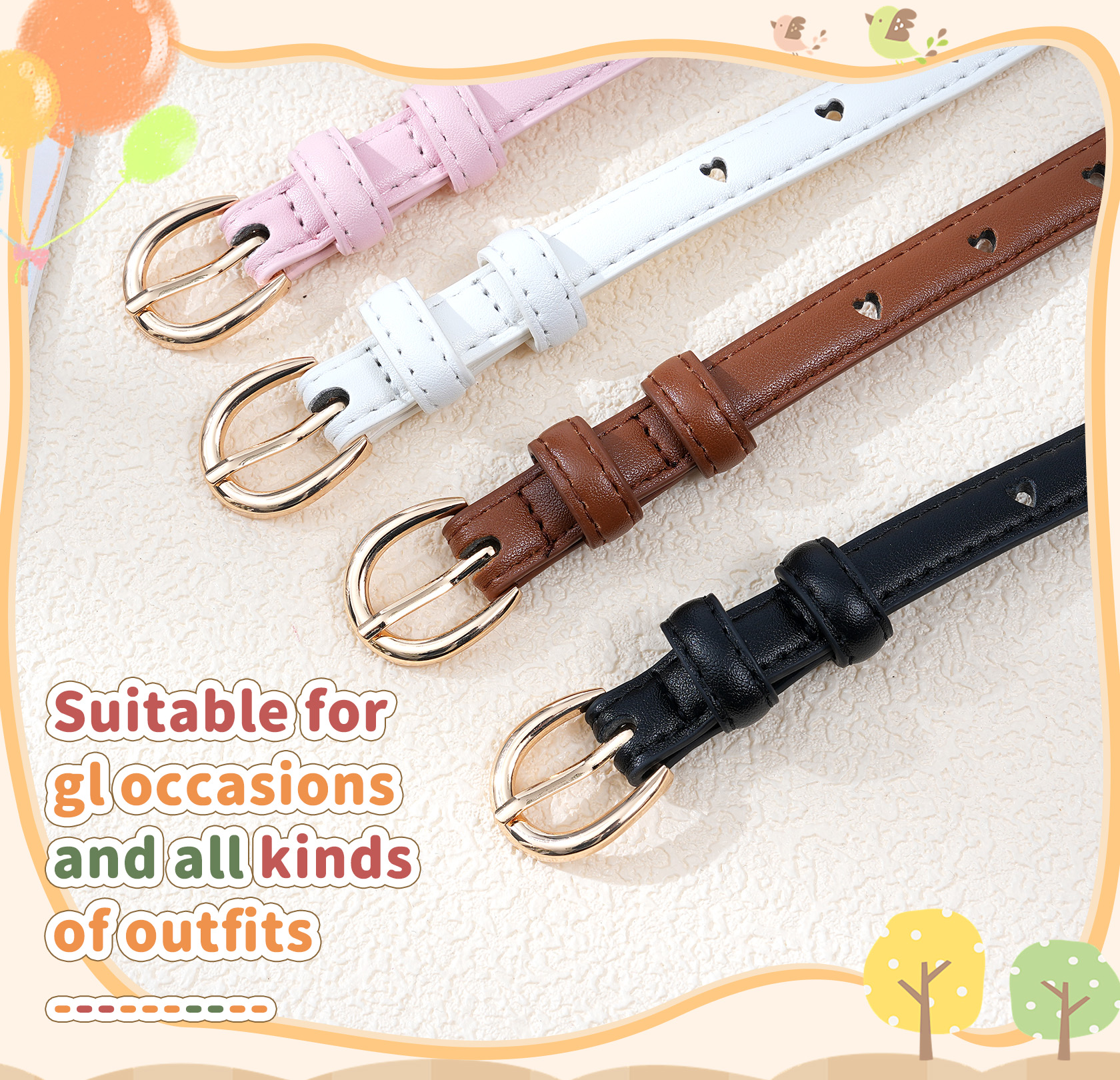 thumbnail video image 2 of AWAYTR 3 Pack Girls PU Leather Belts, Heart Hollow Design, Gold Metal Buckle, Adjustable Kids Waist Belt for Uniform Dress Jeans, 2 of 8