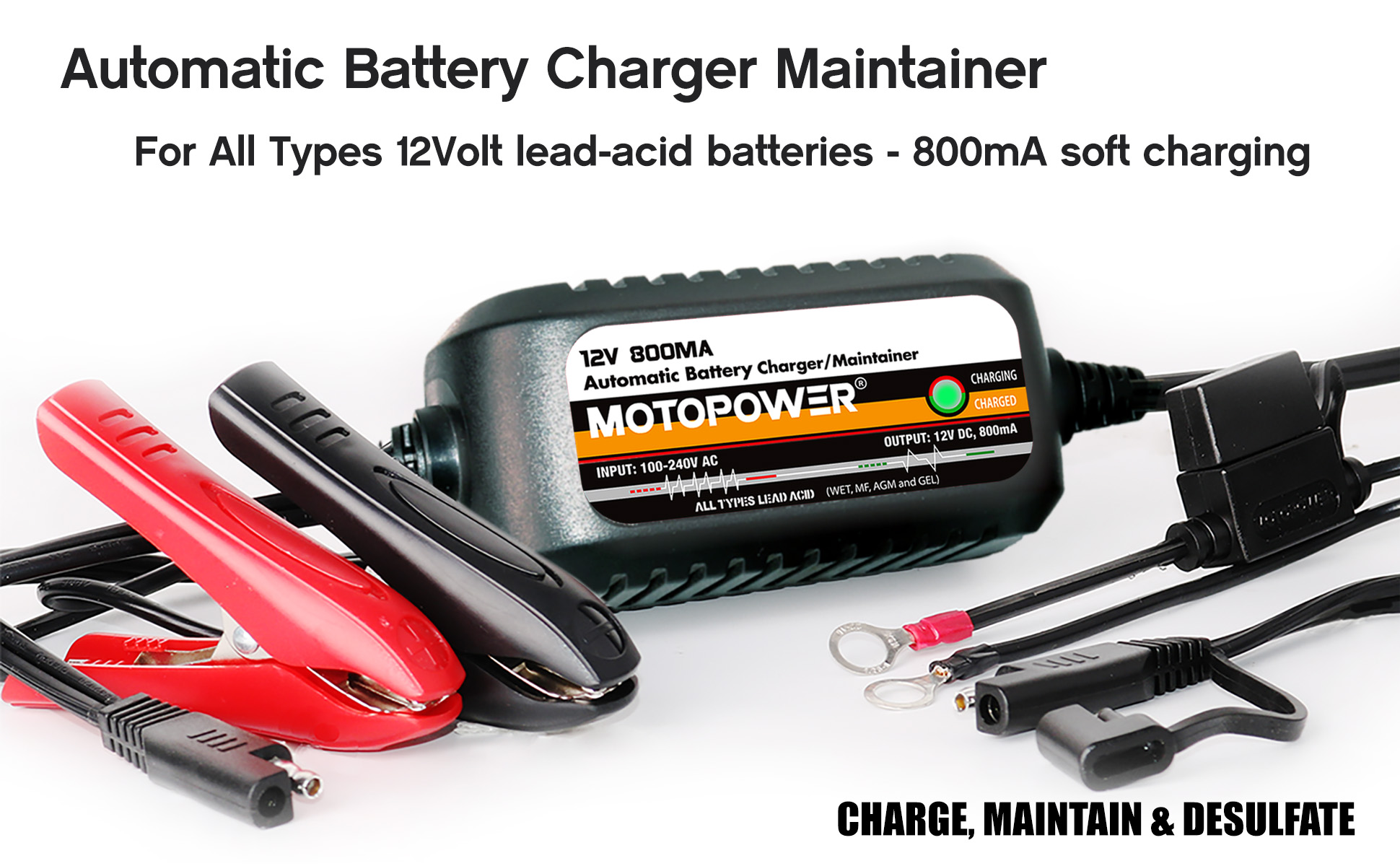 thumbnail video image 2 of MOTOPOWER 12V 800mA Automatic Battery Charger, Maintainer, Trickle Charger and Battery Desulfator - Junior Plus, 2 of 11