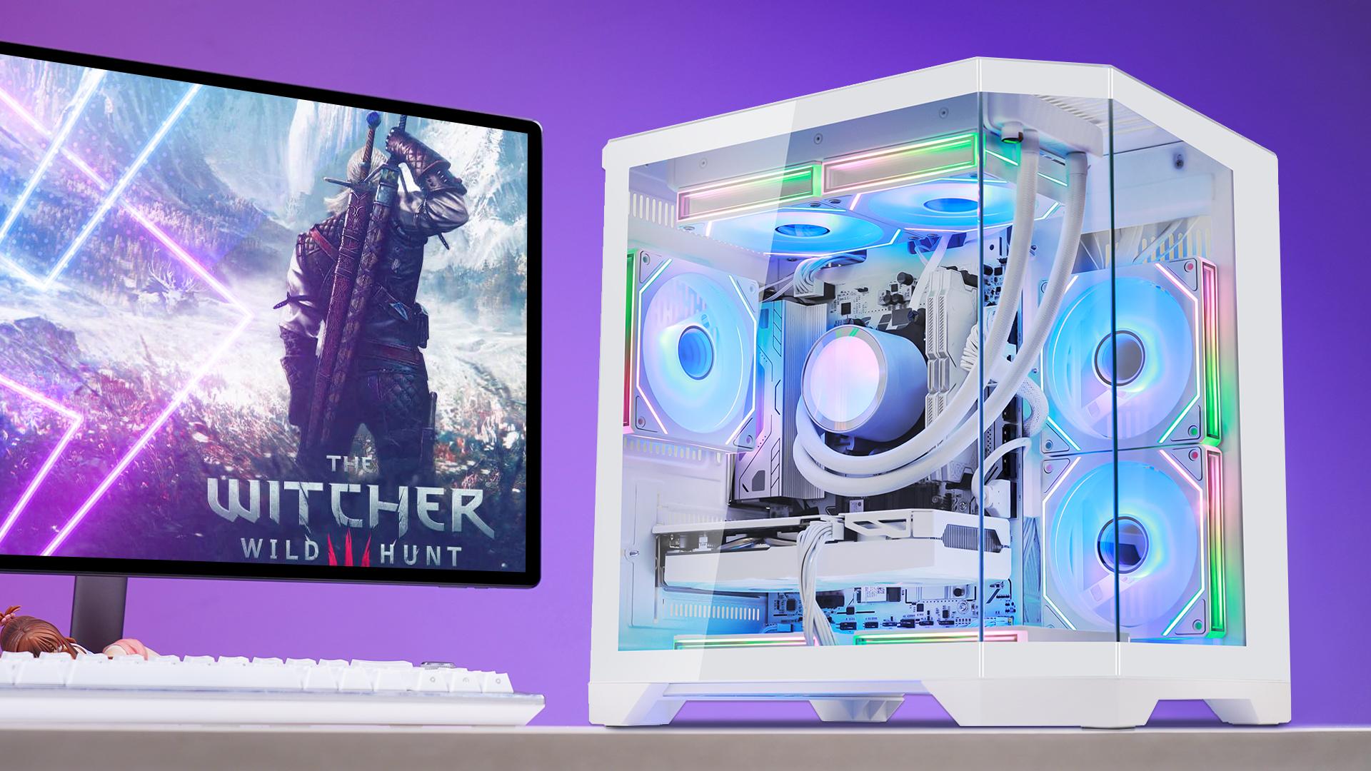 thumbnail video image 2 of Hoengager Gaming PC AMD Ryzen 7 7700 8-Core 3.8 GHz, RTX 5060 8GB, 32GB DDR5 RAM 6000MHz,1TB PCIe SSD, WIFI with Bluetooth Windows 11-White, 2 of 18