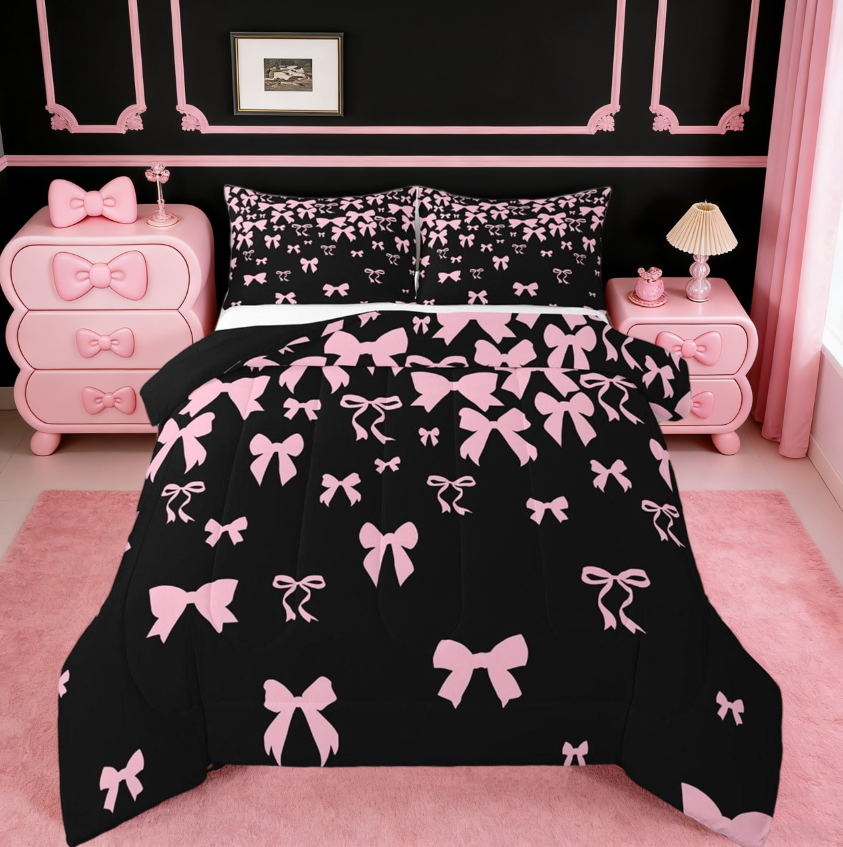 thumbnail video image 2 of jejeloiu Cute Bowtie Bow Full Size Comforter Sets,Kawaii Bowknot Bedding Comforter Set,Pink Black Bedding Sets For Children,Breathable Home Decor Reversible,3 Pieces, 2 of 10