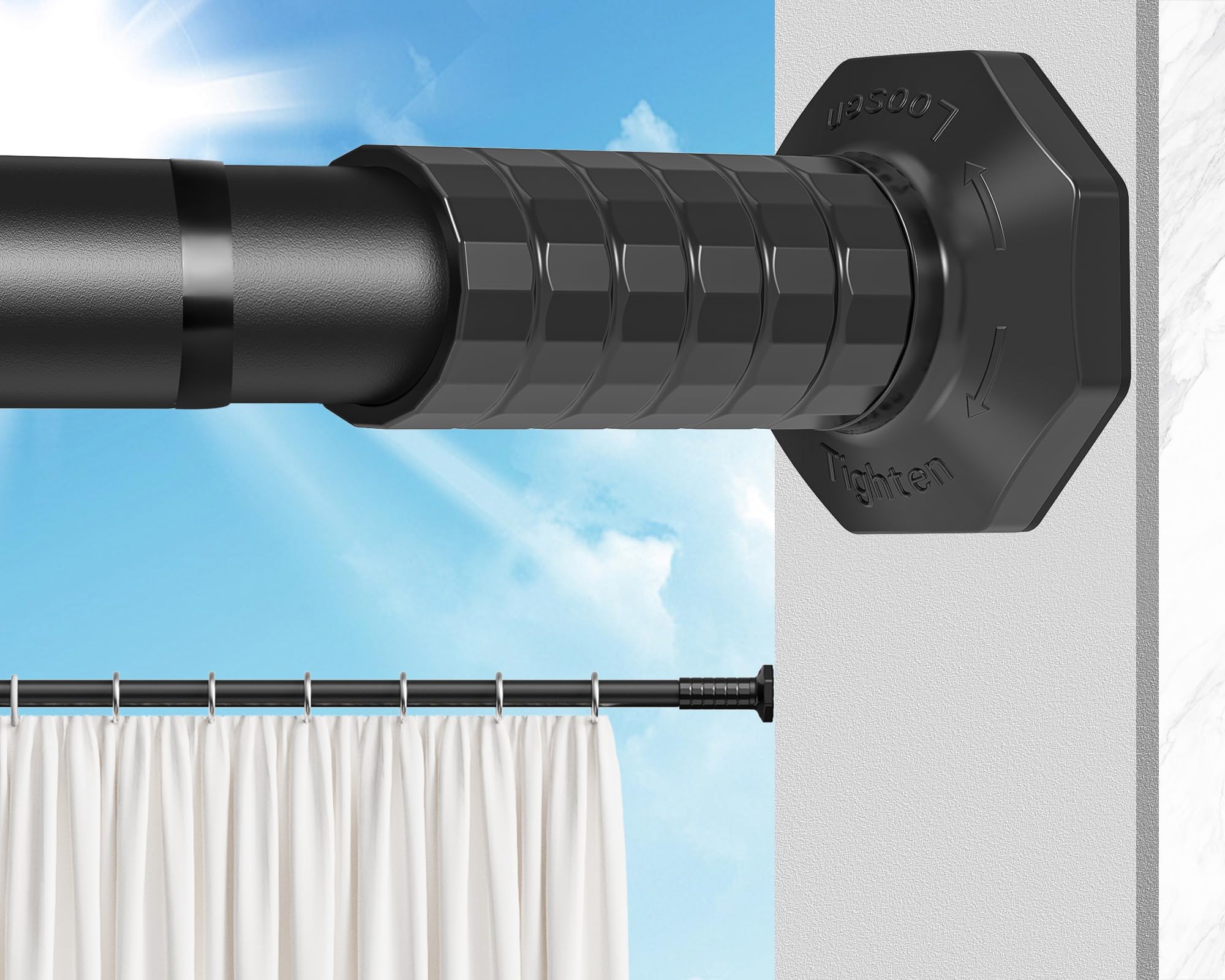 thumbnail video image 2 of VEGCOO Tension Curtain Rod 51-148 Inches, Heavy Duty No Drill Adjustable Rod , Shower Curtain Rod No Drilling for Bathroom Easy to Install, Black, 2 of 8