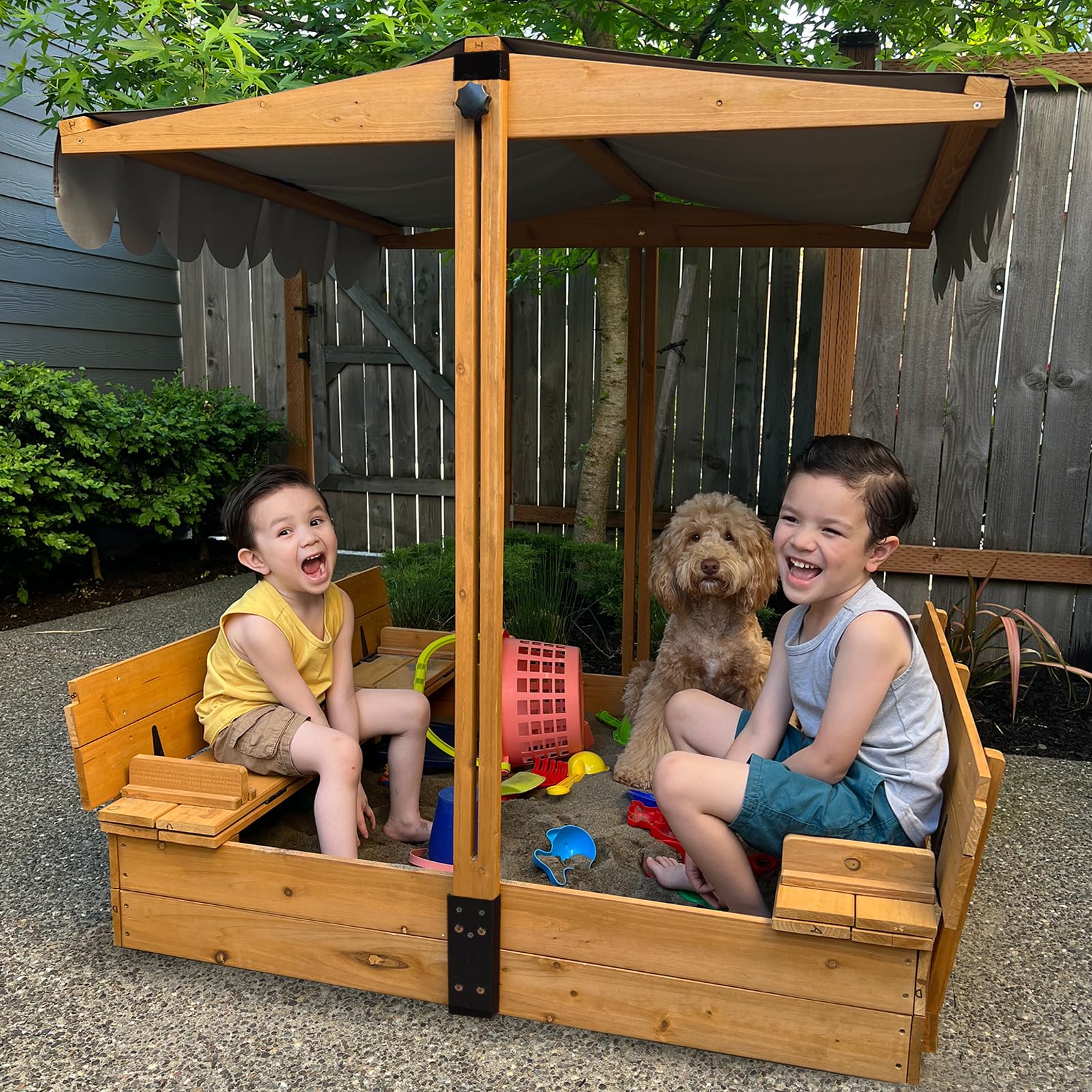 thumbnail video image 2 of Sandbox with Lid and Cover for Kids Outdoor with 2 Foldable Bench Seats, Adjustable Canopy and Sand Protection Liner, 47.2" L x 47.2" W x 51.9" H, 2 of 15