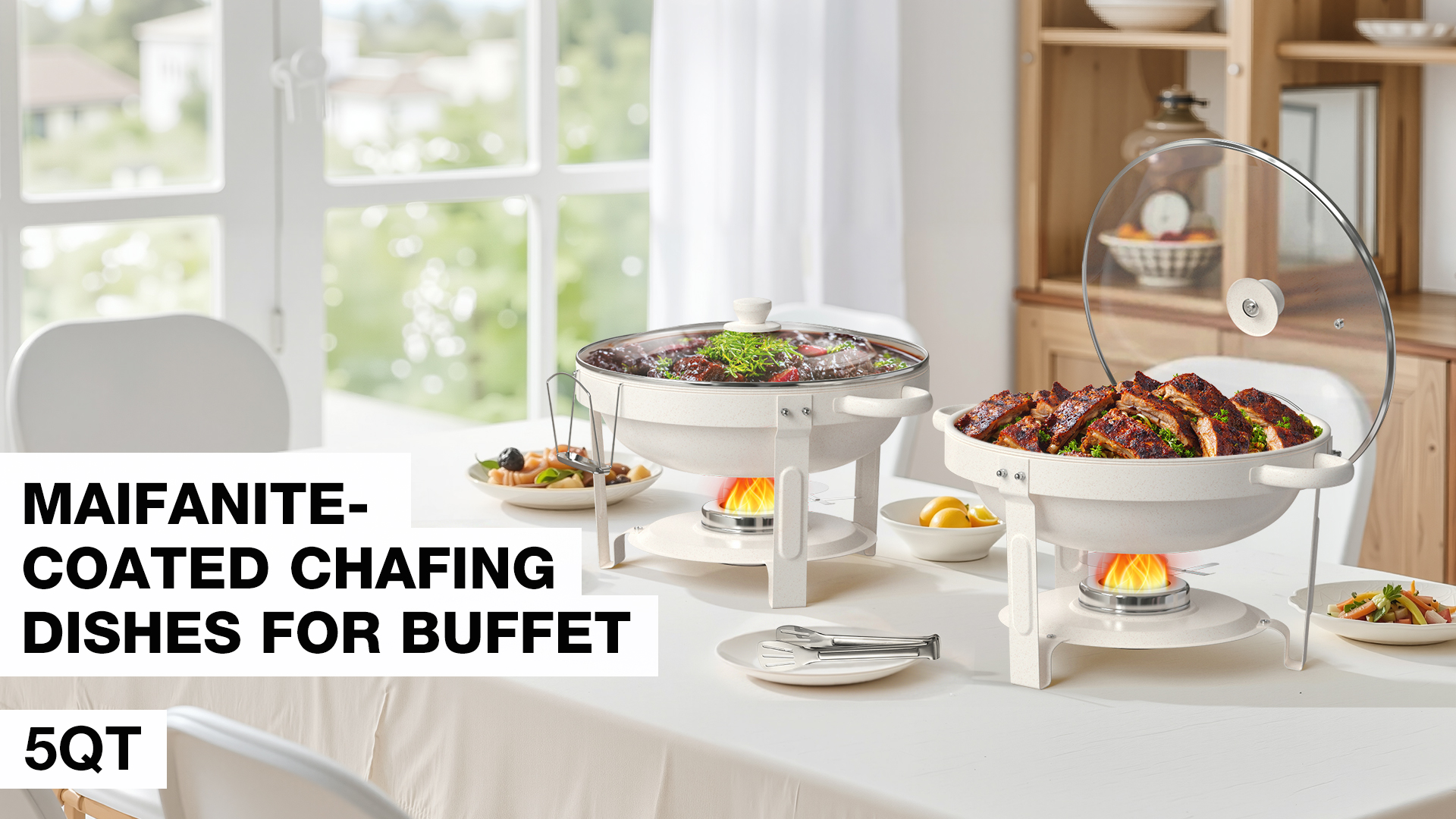 thumbnail video image 2 of WARMOUNTS White Chafing Dishes for Buffet 2 Pack, 5QT Maifanite Coating Round Chafing Dish Buffet Set, Rolled-Rim Glass Lid & Lid Holder for Parties Serve Wedding Birthday Church Event, 2 of 11