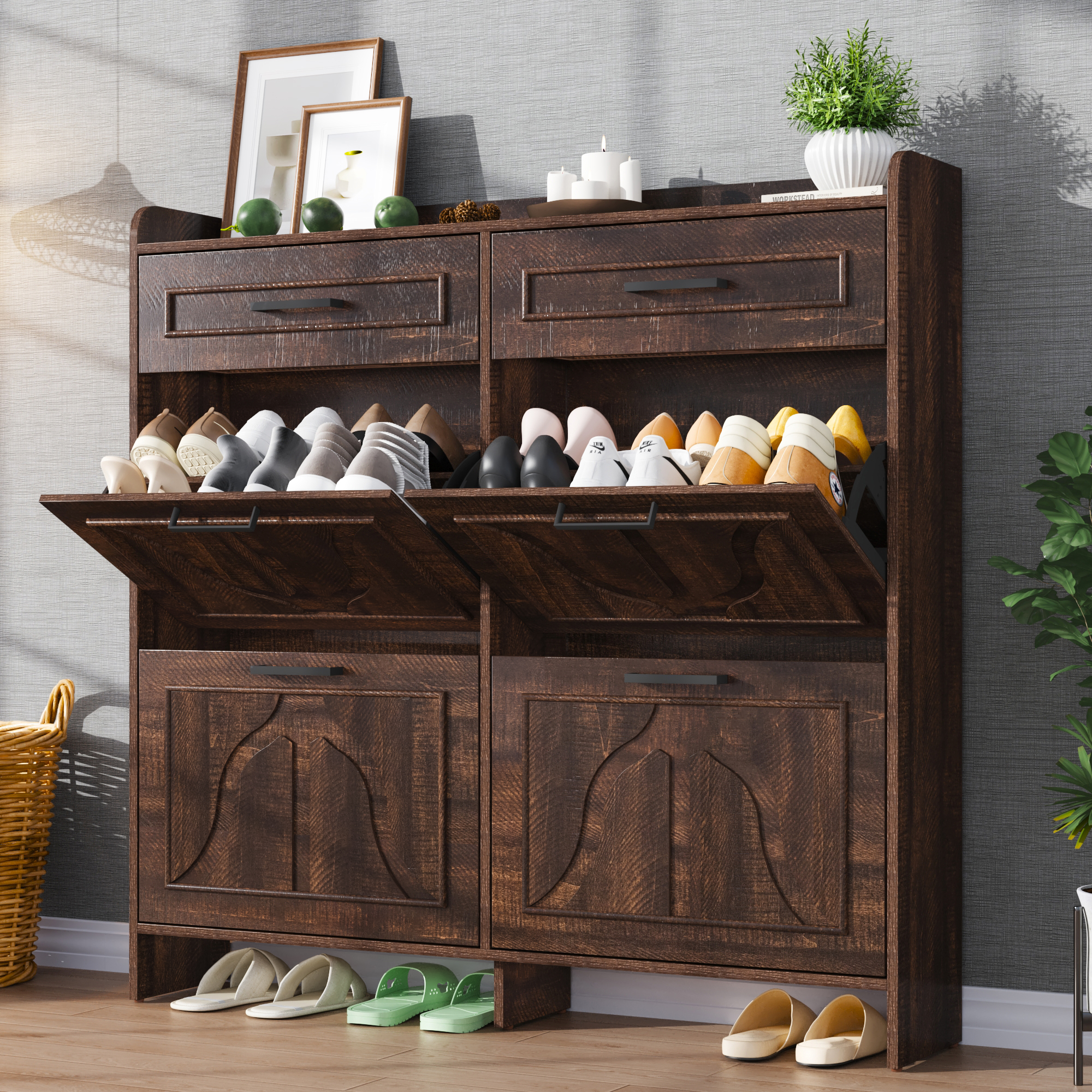 thumbnail video image 2 of Blotout Shoe Storage Cabinet with 4 Flip Drawers&2 Drawers, 47''W Freestanding Shoe Storage Cabinet with Adjustable Shelves, Hidden Narrow Shoe Rack Cabinet Storage for Entryway, Hallway, Living Room, 2 of 9