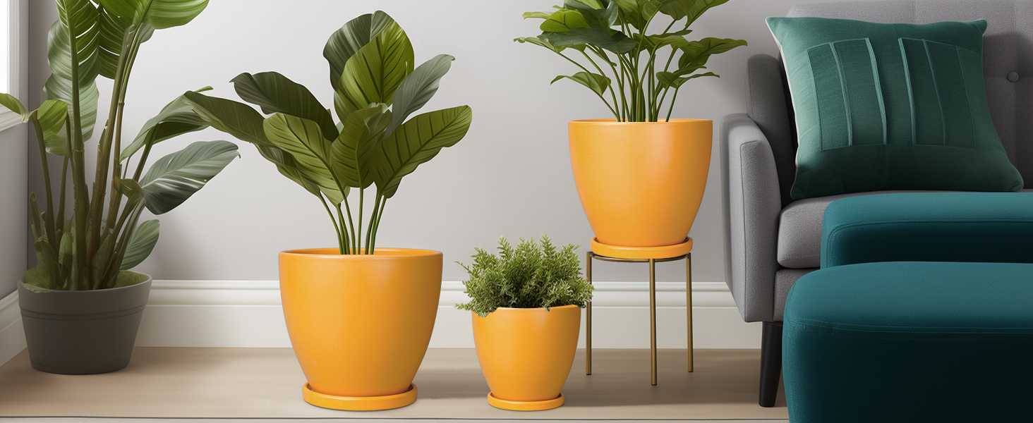 thumbnail video image 2 of Epfamily 10-Inch Yellow Ceramic Planter Pot with Saucer | Large Indoor Outdoor Pot for Floor Plants & Patio Decor, 2 of 6