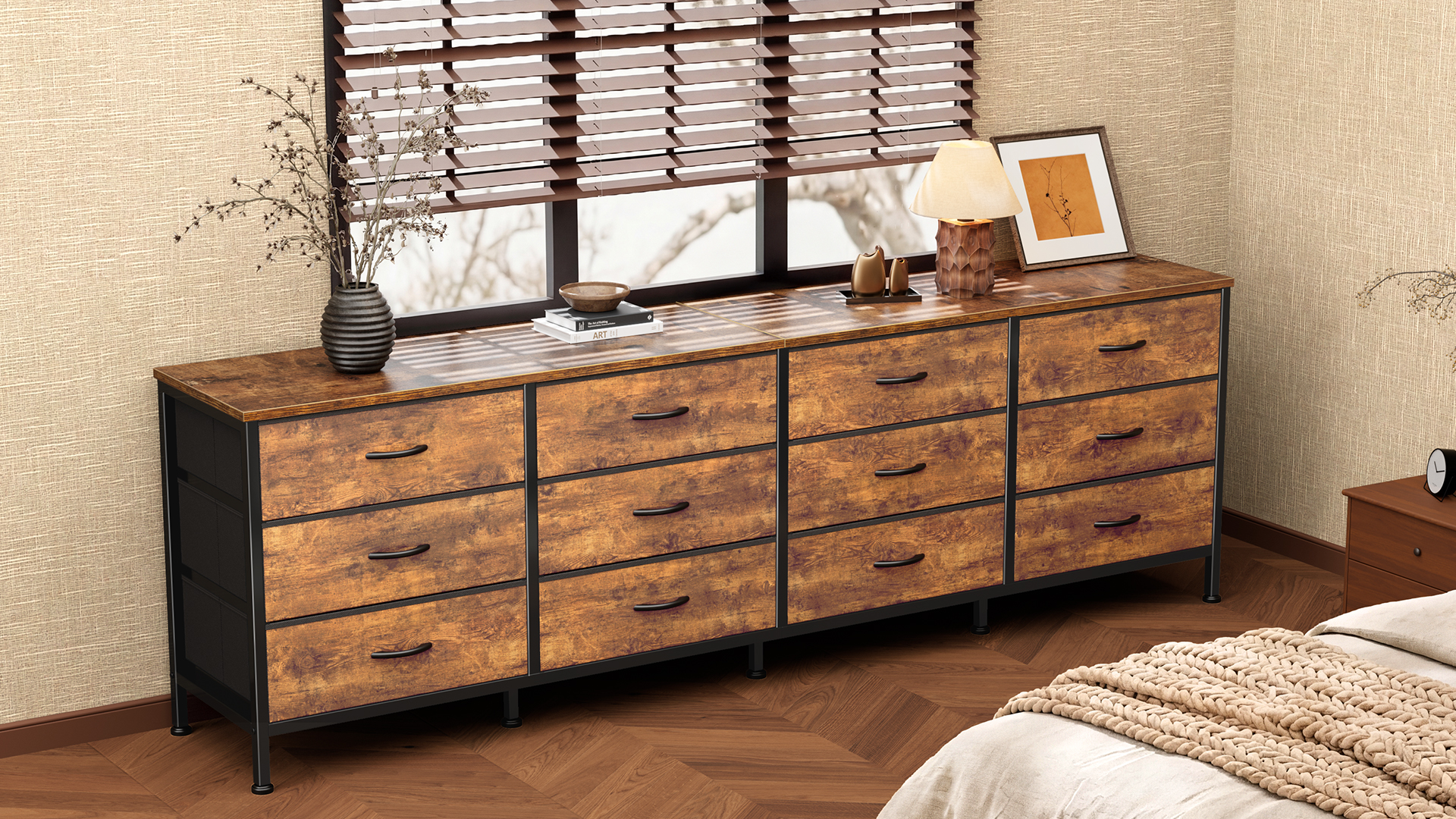 thumbnail video image 2 of Amadwell 70 Inch Dresser with 12 Fabric Drawers, TV Stand for 65, 75, 80 Inch TV, Long Dresser for Bedroom, Entertainment Center for Living Room, Chest of Drawers & Storage, Black, 2 of 10