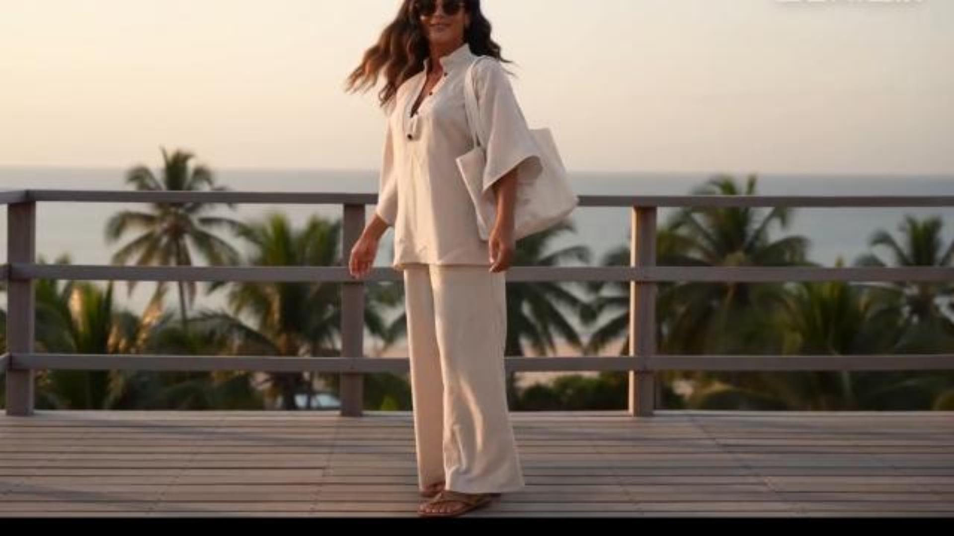 thumbnail video image 2 of Women’s Batwing Sleeve Linen Cotton Two-Piece Set – Casual Shirt & Wide Leg Pants Outfit, 2 of 7