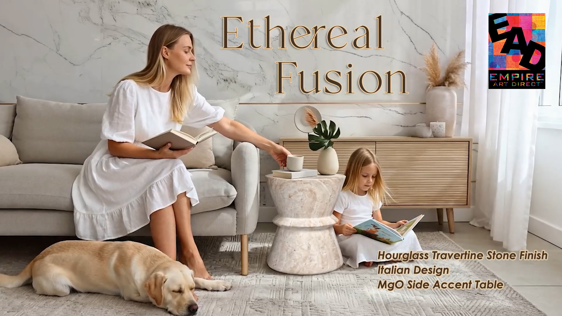 thumbnail video image 2 of Hourglass Travertine Stone Finish Italian Design MgO Side Accent Table, 2 of 13