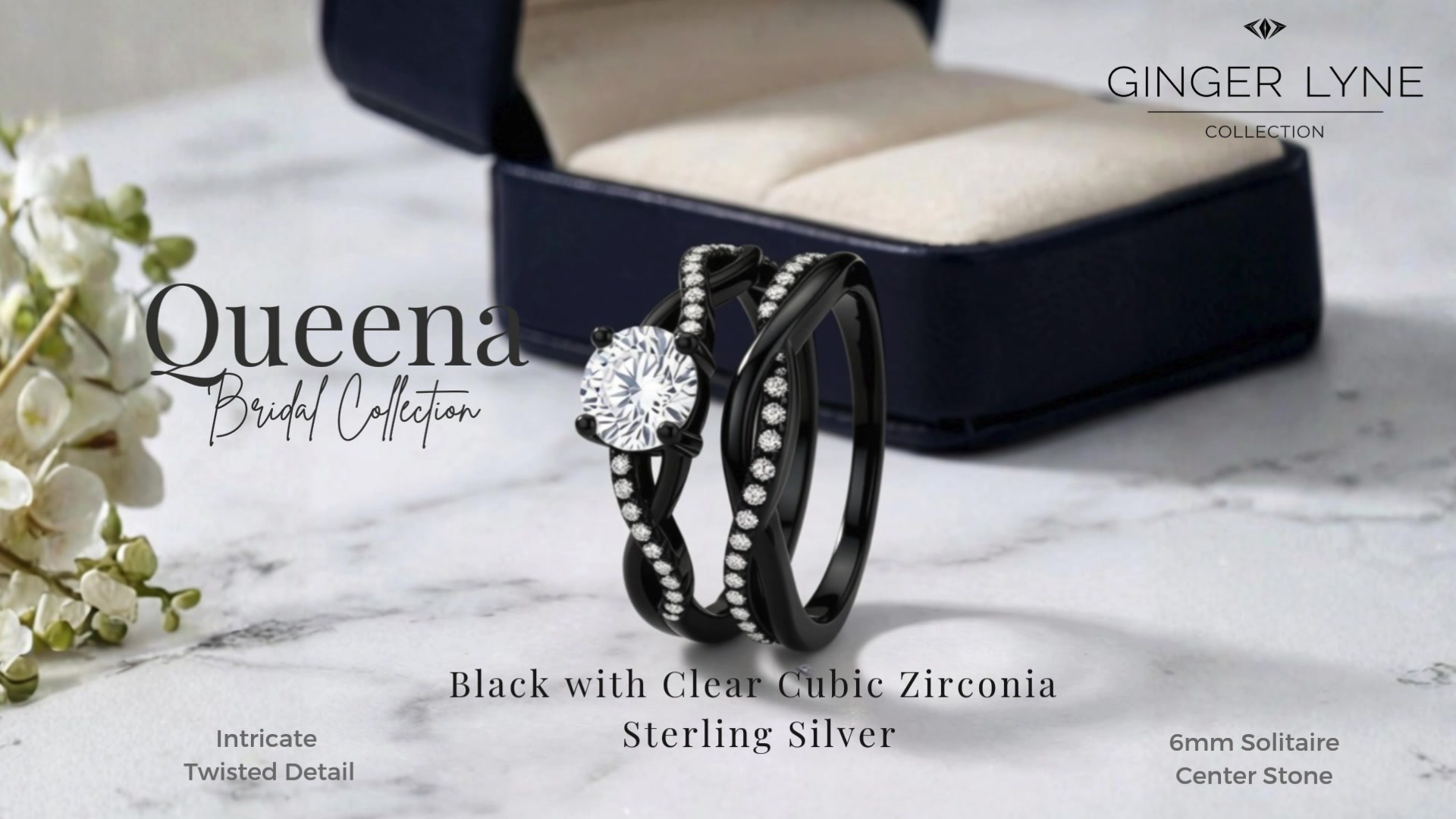 thumbnail video image 2 of Queena Solitaire Black Engagement Ring for Women Sterling Silver CZ Ginger Lyne Collection, 2 of 8
