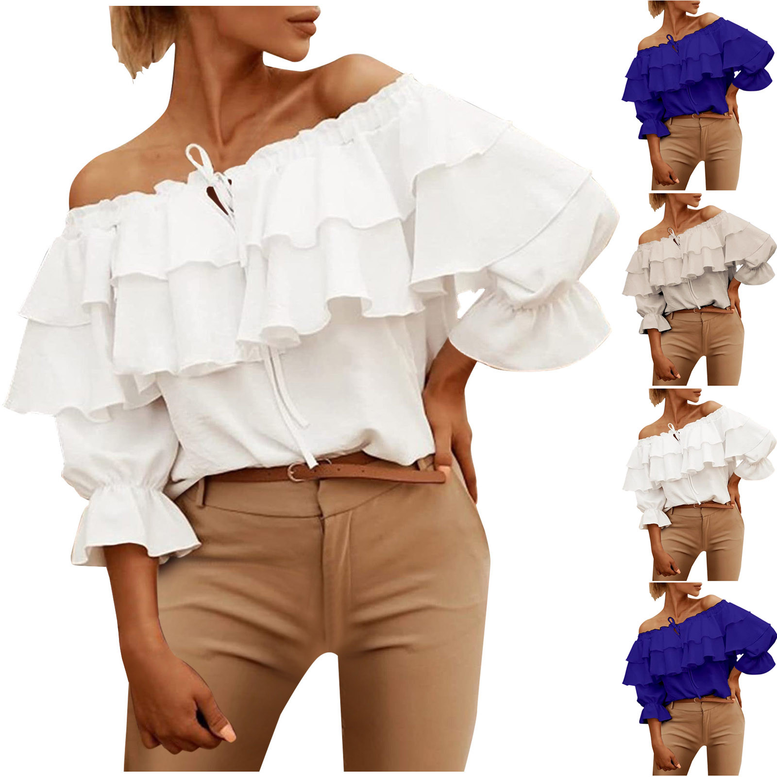thumbnail video image 2 of WREESH Womens Ruffles Chiffon Crop Tops Chiffon Off The Shoulder Blouses Casual Summer Solid Tops Blue, 2 of 10