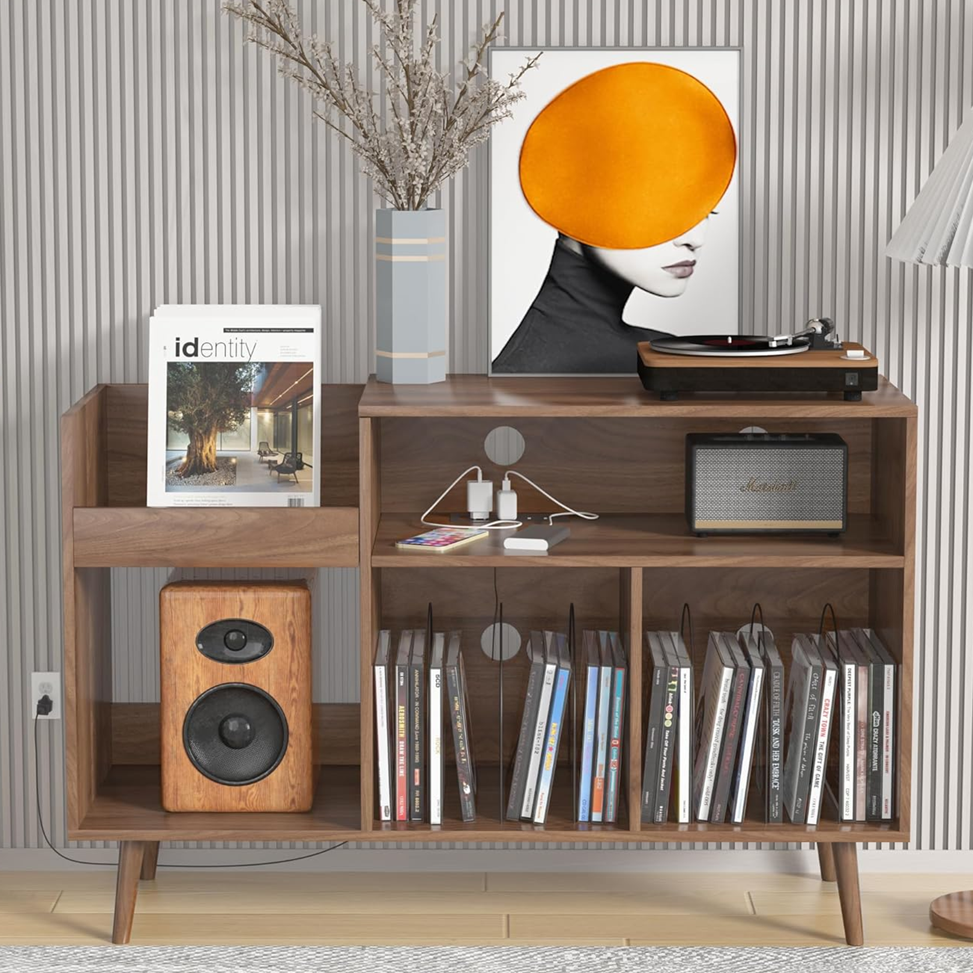 thumbnail video image 2 of Record Player Stand, Vinyl Record Storage Cabinet with Charging Station & USB Ports, Mid-Century Turntable Stand Table Holds Up to 300 Albums Living Room Bedroom Office, Walnut, 2 of 9