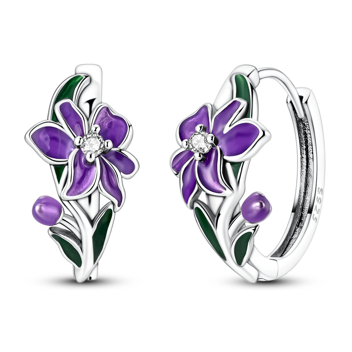 thumbnail video image 2 of MULA 18mm 925 Sterling Silver Hoop Earrings, Enamel Purple Flower Design, Lightweight Jewelry Gifts for Women, 2 of 8