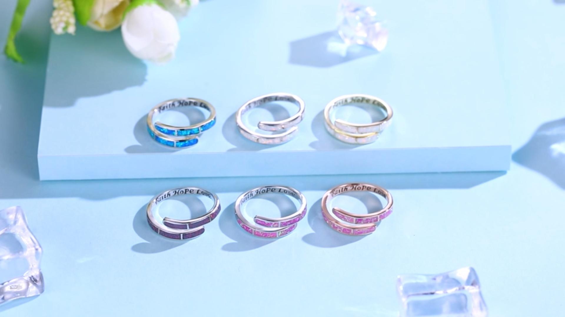 thumbnail video image 2 of Coachuhhar Black Opal Rings for Women 925 Sterling Silver Faith Hope Love Rings Gold Adjustable Open Rings Opal Jewelry for Mother's Day, 2 of 8