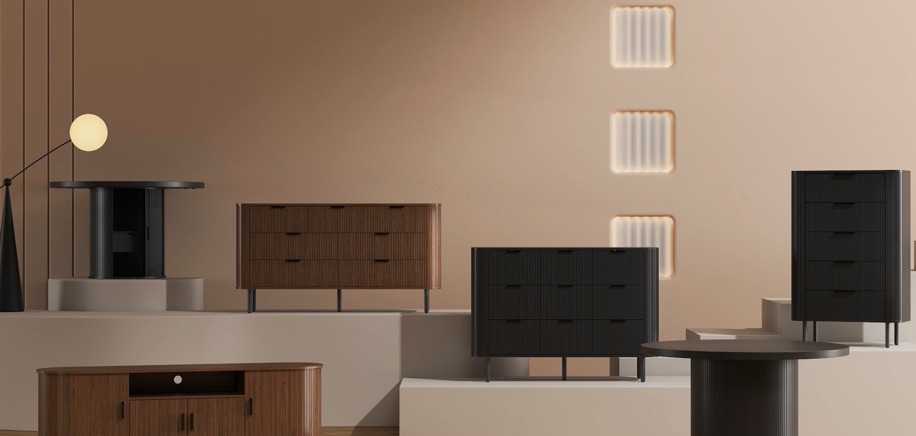 thumbnail video image 2 of 7-Drawer Fluted Dresser for Bedroom, 60 Inch Wide Modern Wood Chest with Metal Handles, Curved Profile Design - Also Ideal as TV Stand for Living Room, Hallway, Black, 2 of 10