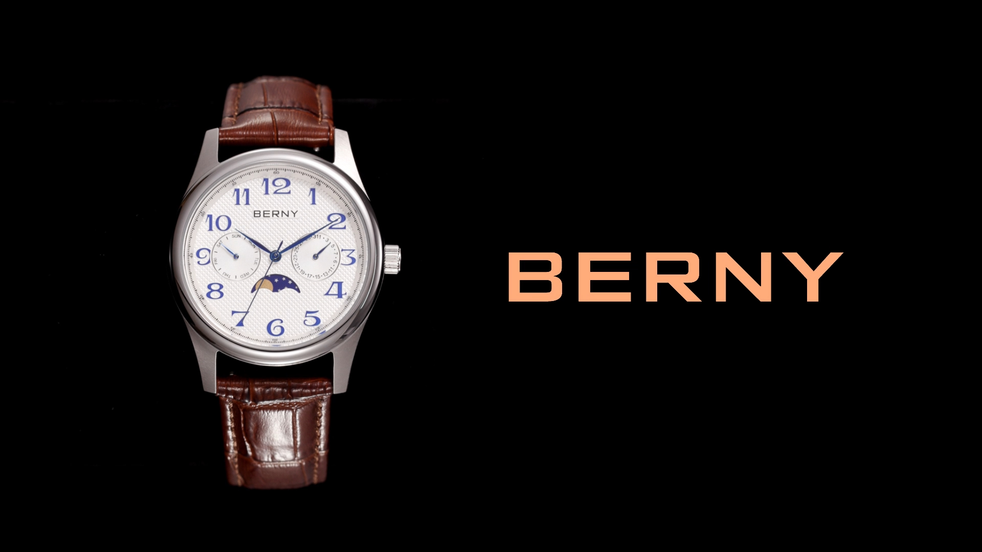 thumbnail video image 2 of BERNY Dress Watches for Men, MultiFunction Leather Watch with Moon Phase, Day & Date Calendar, Stainless Steel Case, Easy to Read, Waterproof, Classic Analog Quartz Wrist Watch (Blue), 2 of 8