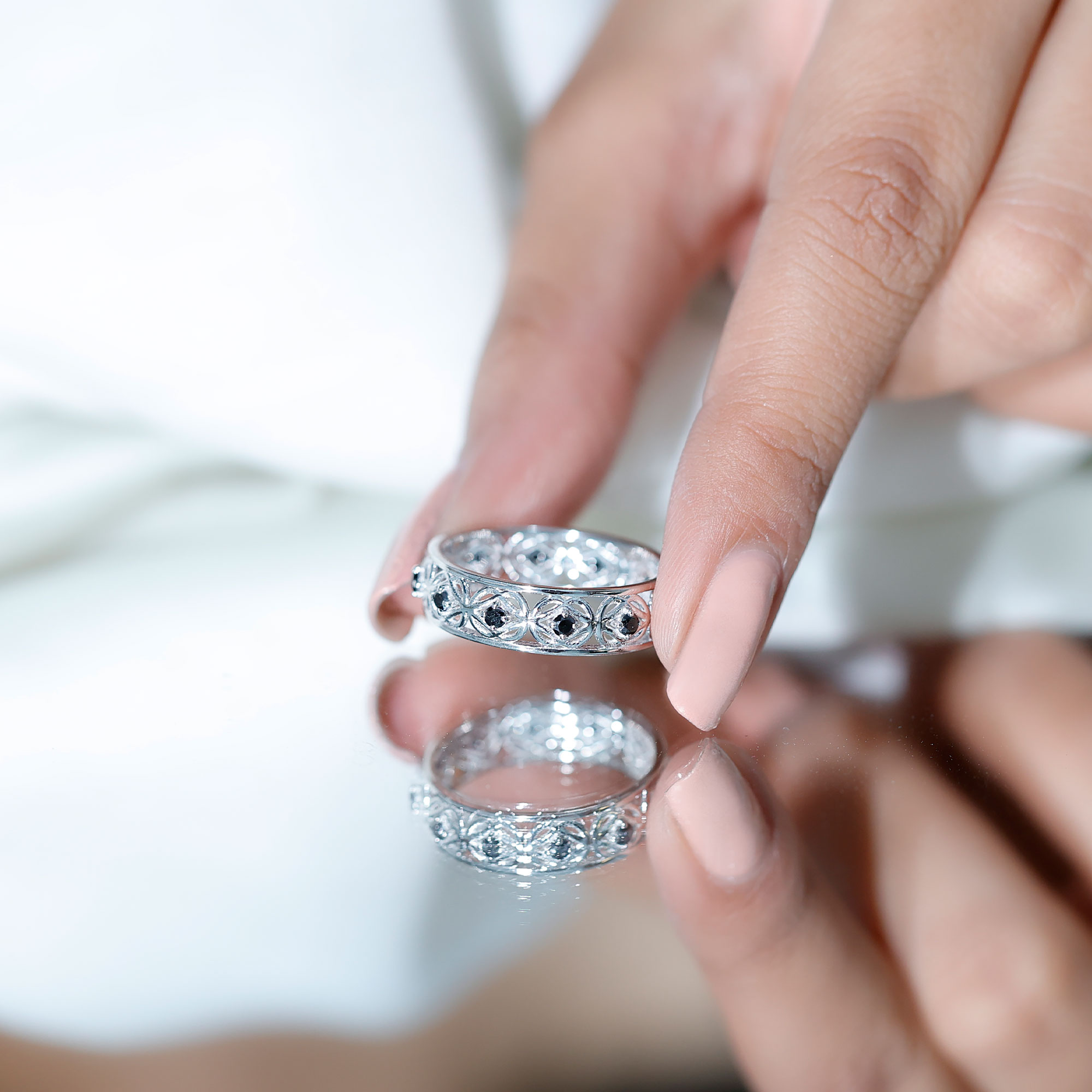 thumbnail video image 2 of Rosec Jewels 1/4 CT Black Diamond Celtic Knot Gold Band Ring for Women, 18K White Gold, US 6.00, 2 of 8