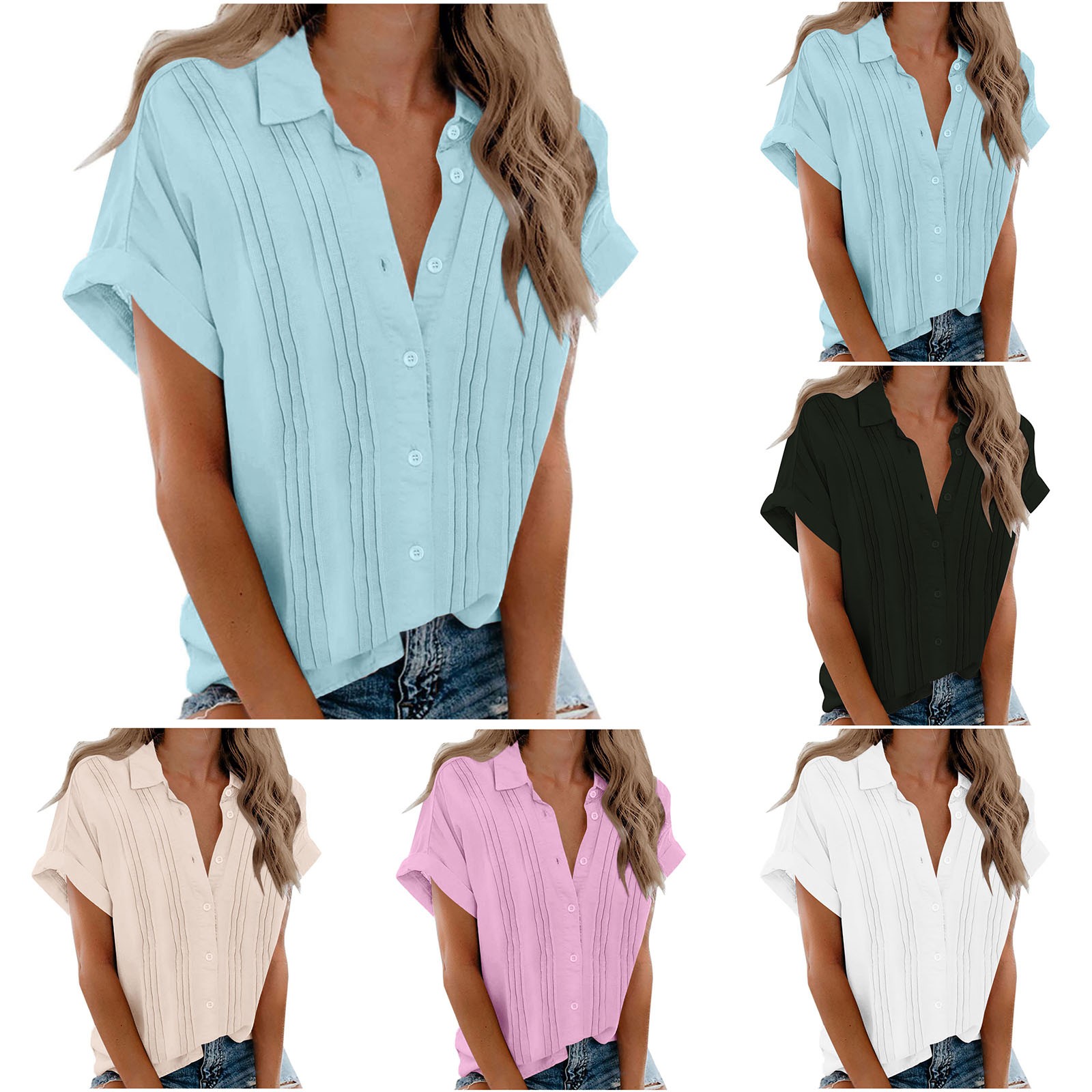 thumbnail video image 2 of WREESH Women's Button Down Shirt Fashion Causal Solid Blouse with Short Sleeve Summer Tops White, 2 of 10