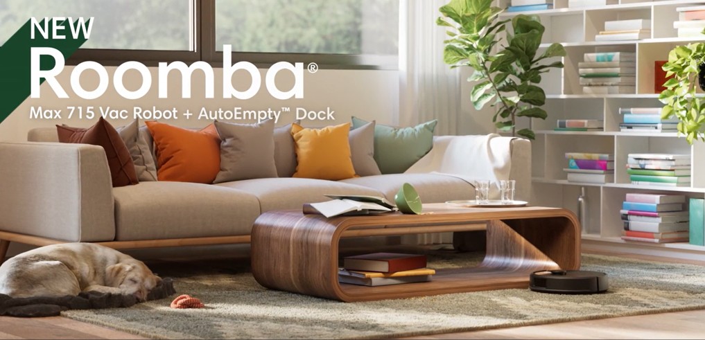 thumbnail video image 2 of iRobot Max Roomba 715 Robot Vac & AutoEmpty Dock, 4x Suction, 90-Day Auto Empty, Carpet & Hard Floors, Pet Friendly, AllergenLock Bags, Model W255020, 2 of 12