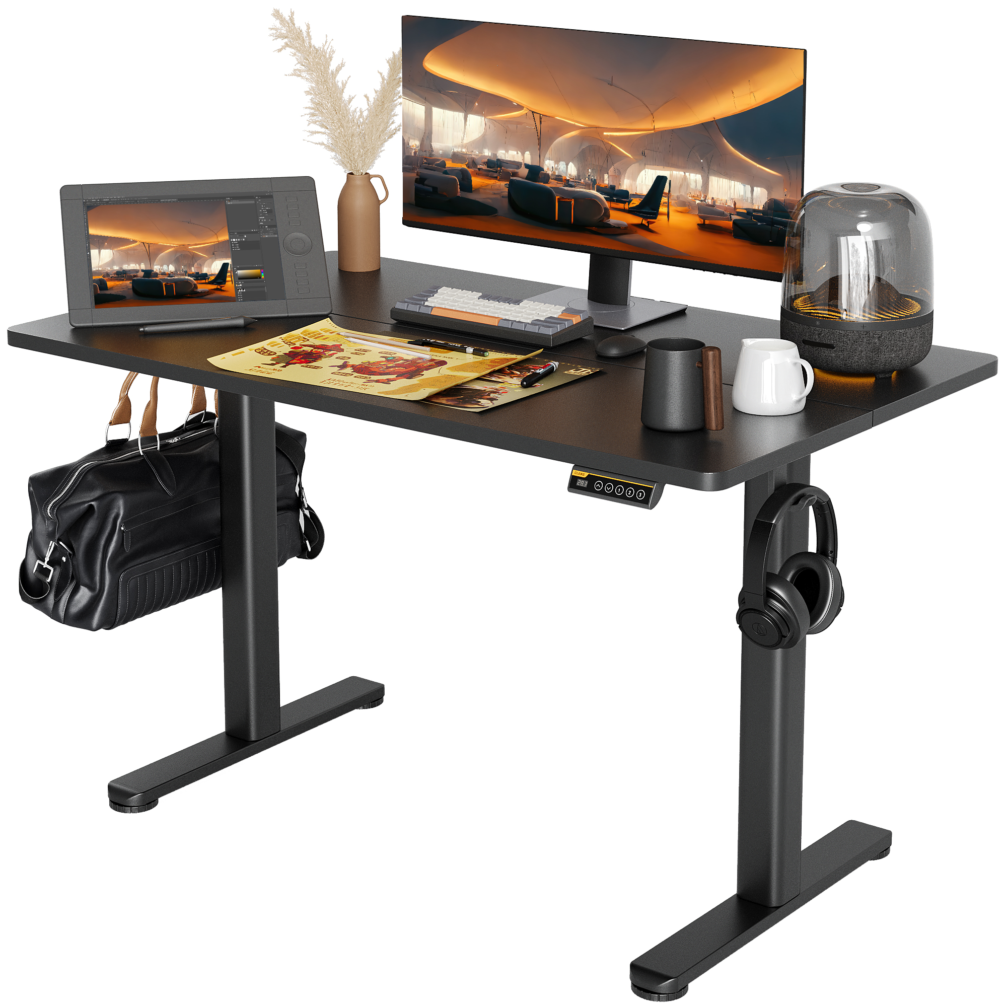 thumbnail video image 2 of INNOVAR Electric Standing Desk, Adjustable Height Stand up Desk, 55x24 inches Sit to Stand Home Office Computer Desk with Splice Board, Black Frame/Black Top, 2 of 15