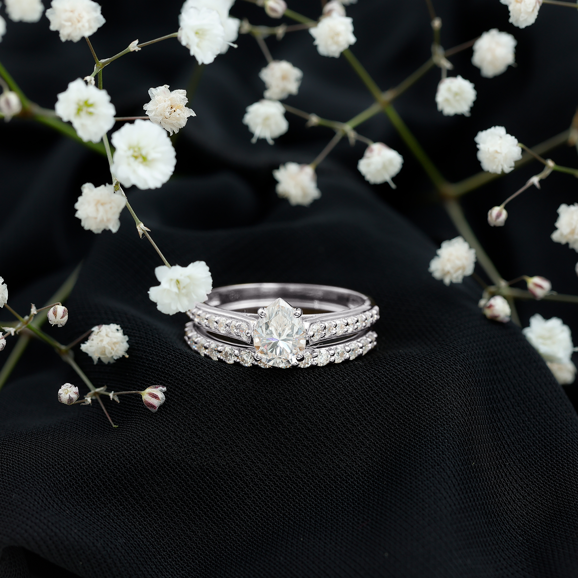 thumbnail video image 2 of Rosec Jewels Certified Moissanite Wedding Ring Set of 2 - D-Vs1 Grade Teardrop Engagement Ring with Wedding Band, 14K White Gold, US 11.50, 2 of 9