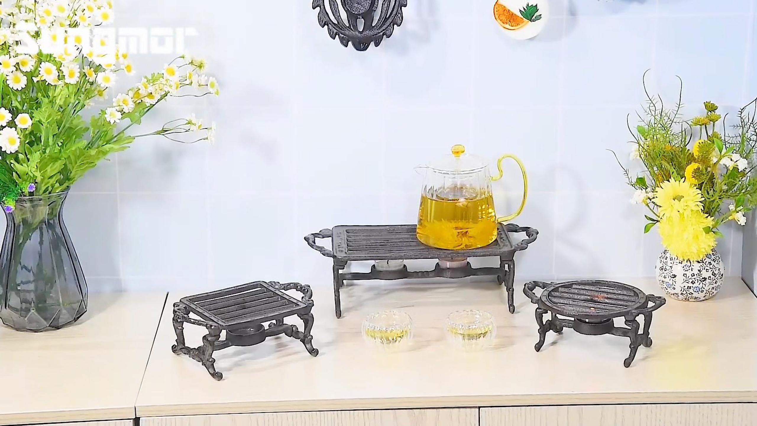 thumbnail video image 2 of Sungmor Cast Iron Teapot Dish Warmer Stable Holder for Tealight Stand, Tealight Warmer Decorative Stove for Villa Yard Balcony-Rectangle, 2 of 8