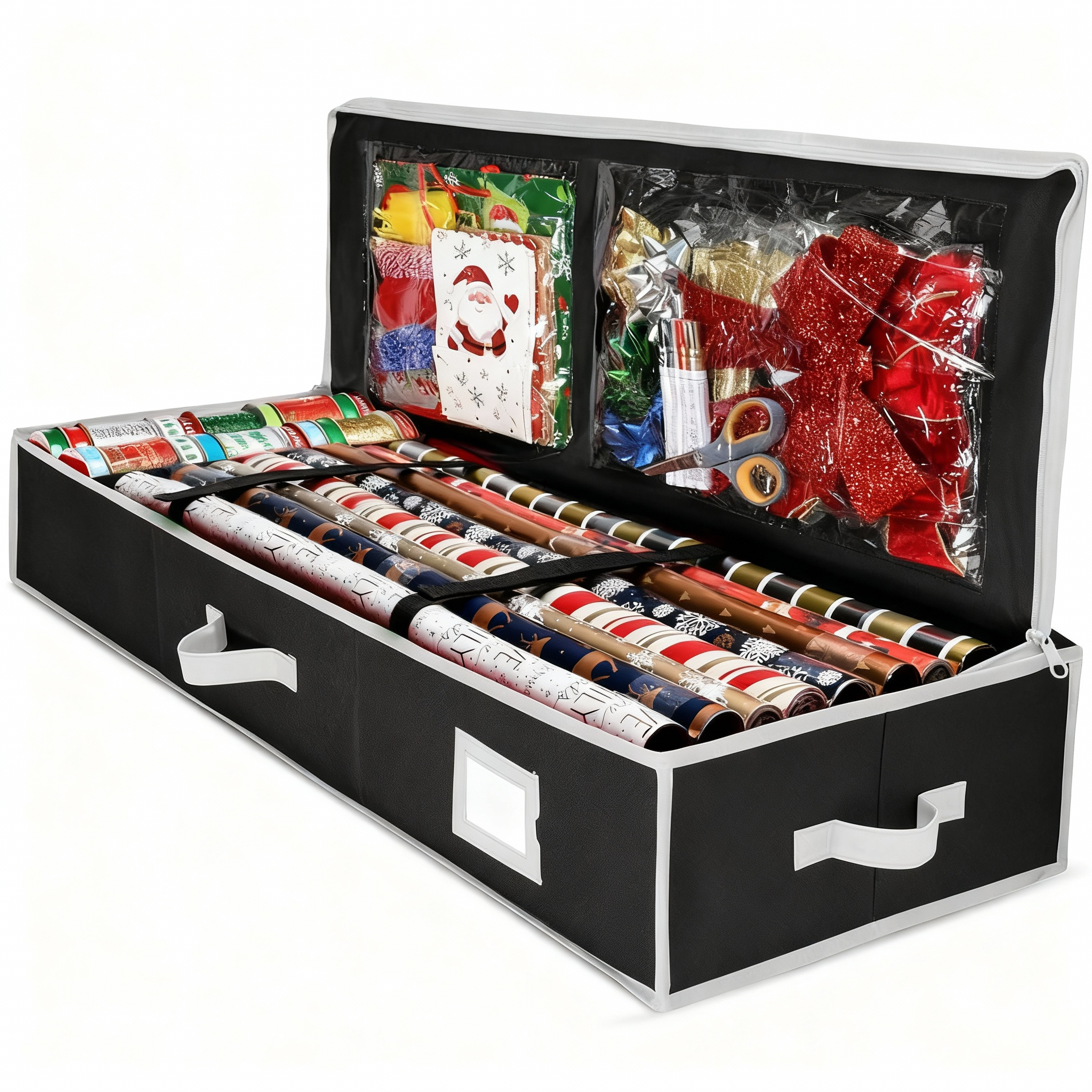 thumbnail video image 2 of Gift Wrap Storage Box 1PC,Wrapping Paper Organizer40.94x14.17x6.30in,Polyethylene Fabric Tear-Resistant Container with Zippered Compartments for Holiday Supplies(Black), 2 of 8