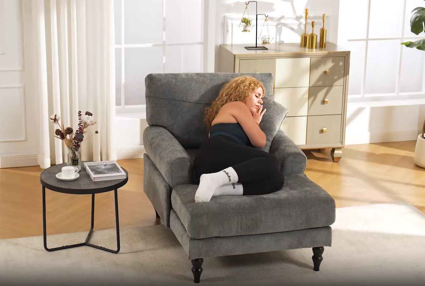 thumbnail video image 2 of 32'' W Modern Chenille Upholstered Chaise Lounge Chair Indoor, Comfy Sleeper Sofa Chair with Deep Cushion, Leisure Sofa Recliner Chair Sleeper with Armrest for Living Room/Bedroom, 2 of 21