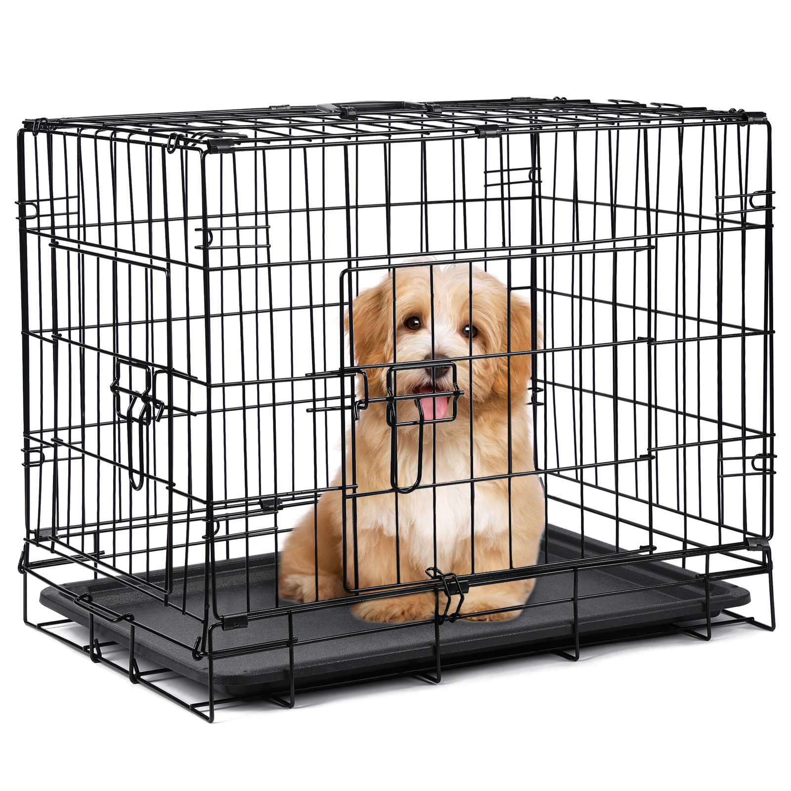 thumbnail video image 2 of ZephyPaws 24" Foldable Metal Wire Dog & Cat Kennel with Divider Panel and Leak-Proof Tray, Portable Pet Cage for Indoor Outdoor Use, Black, 2 of 8