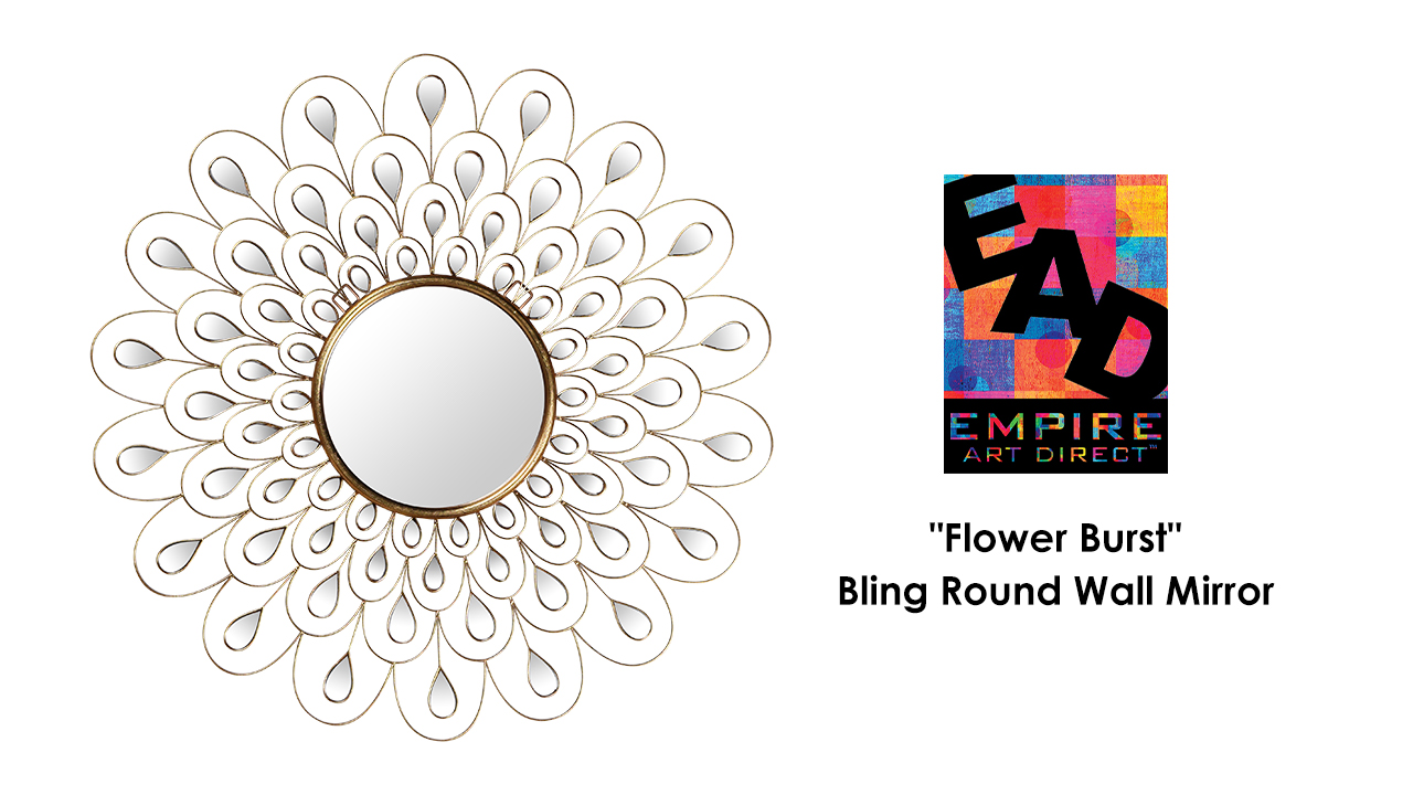 thumbnail video image 2 of Empire Art Direct Flower Burst Bling Round Wall Mirror with Gold Metal Frame, Decorative Mirror - 36 x 36, 2 of 9