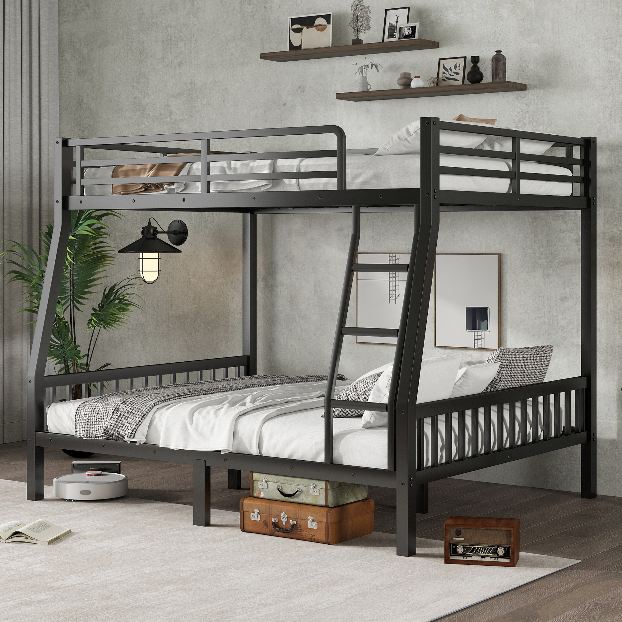 thumbnail video image 2 of Heavy-Duty Metal Bunk Bed Full Over Queen with Ladder and Slats, Black, 2 of 8
