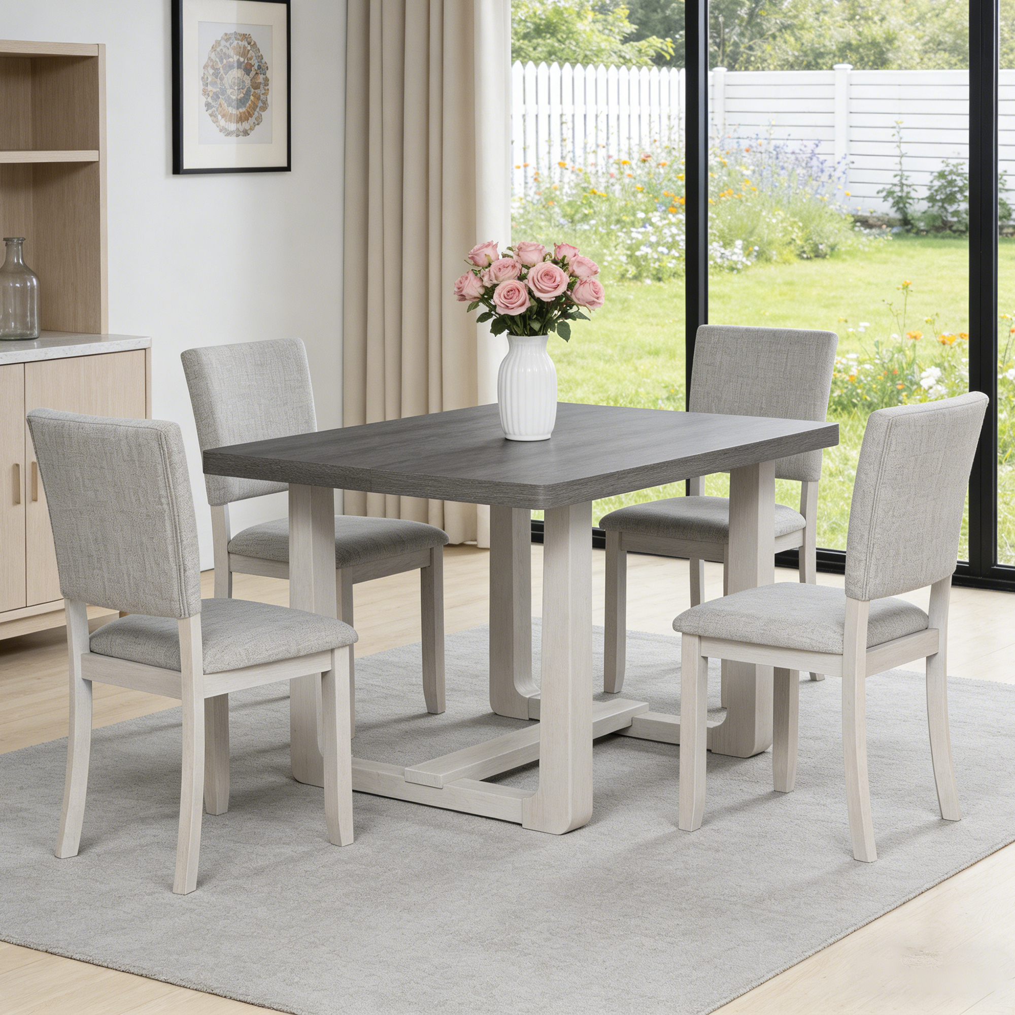 thumbnail video image 2 of Leovanni Modern 48" 5-Piece Solid Wood Dining Table Set with 4 Upholstered Chairs, Rectangular Kitchen & Dining Room Set, Gray, 2 of 10