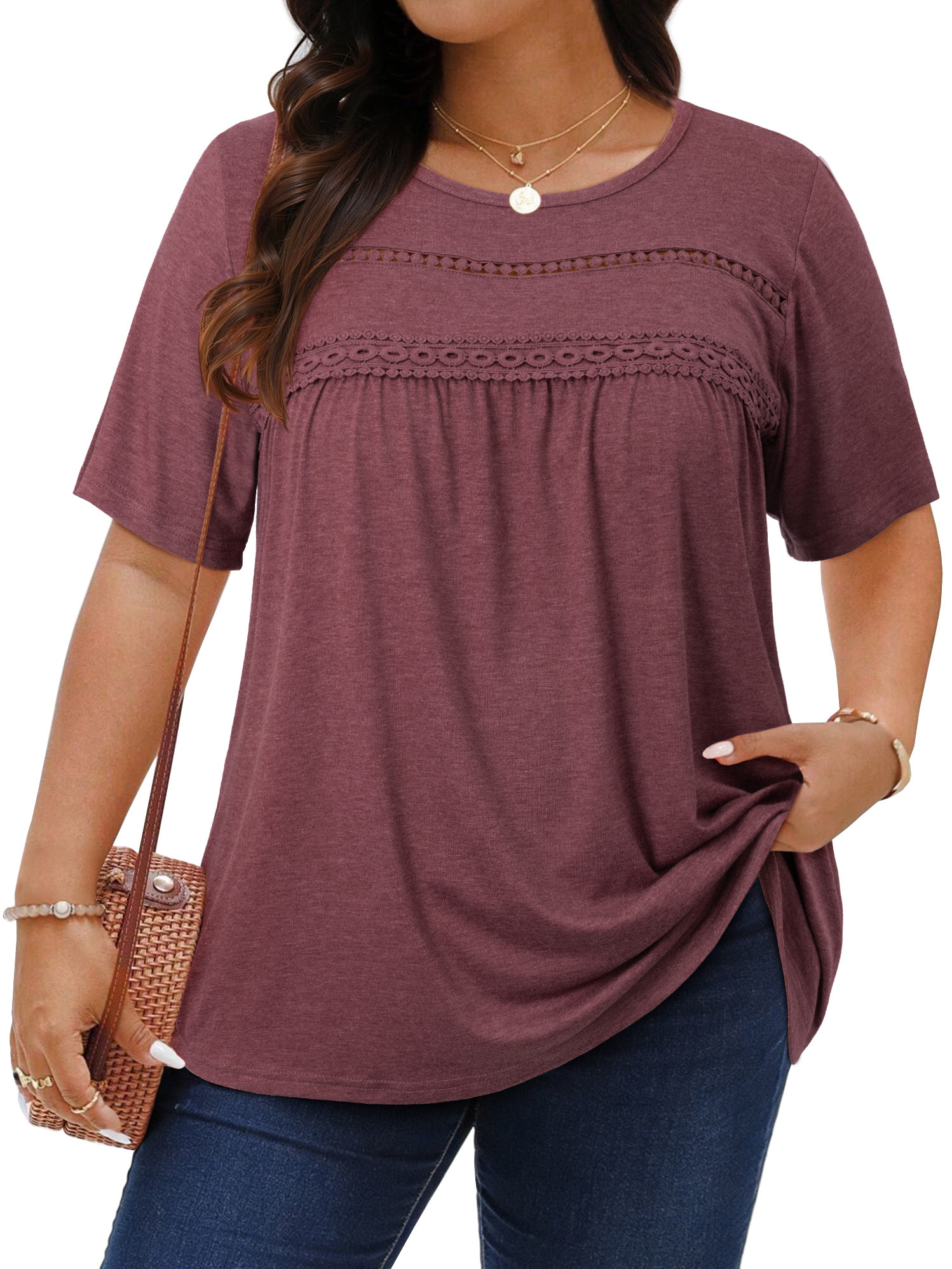 thumbnail video image 2 of WellSize Lace Plus Size Women Blouses Casual Tunic Boho Tops Crew Neck Short Sleeve Shirts Trendy Summer Blouses, 2 of 9
