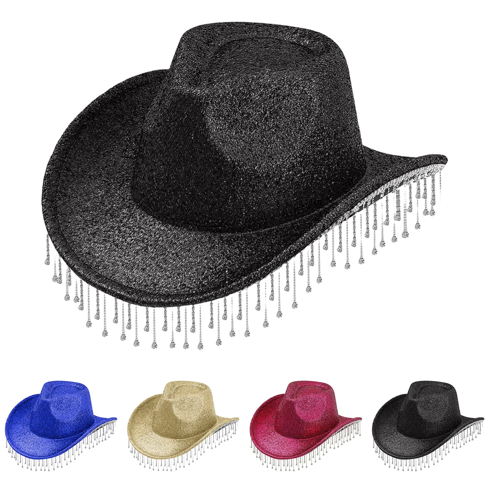 thumbnail video image 2 of Uooqdmx Cowgirl Hat, Rhinestone Cowboy Hat, Western Hats for Women, Elegant Hat with Shiny Tassel Cowboy Hat Wide Brim Tassel Dating Hat, Womens Western Accessories, Blue 1 One Size, 2 of 9