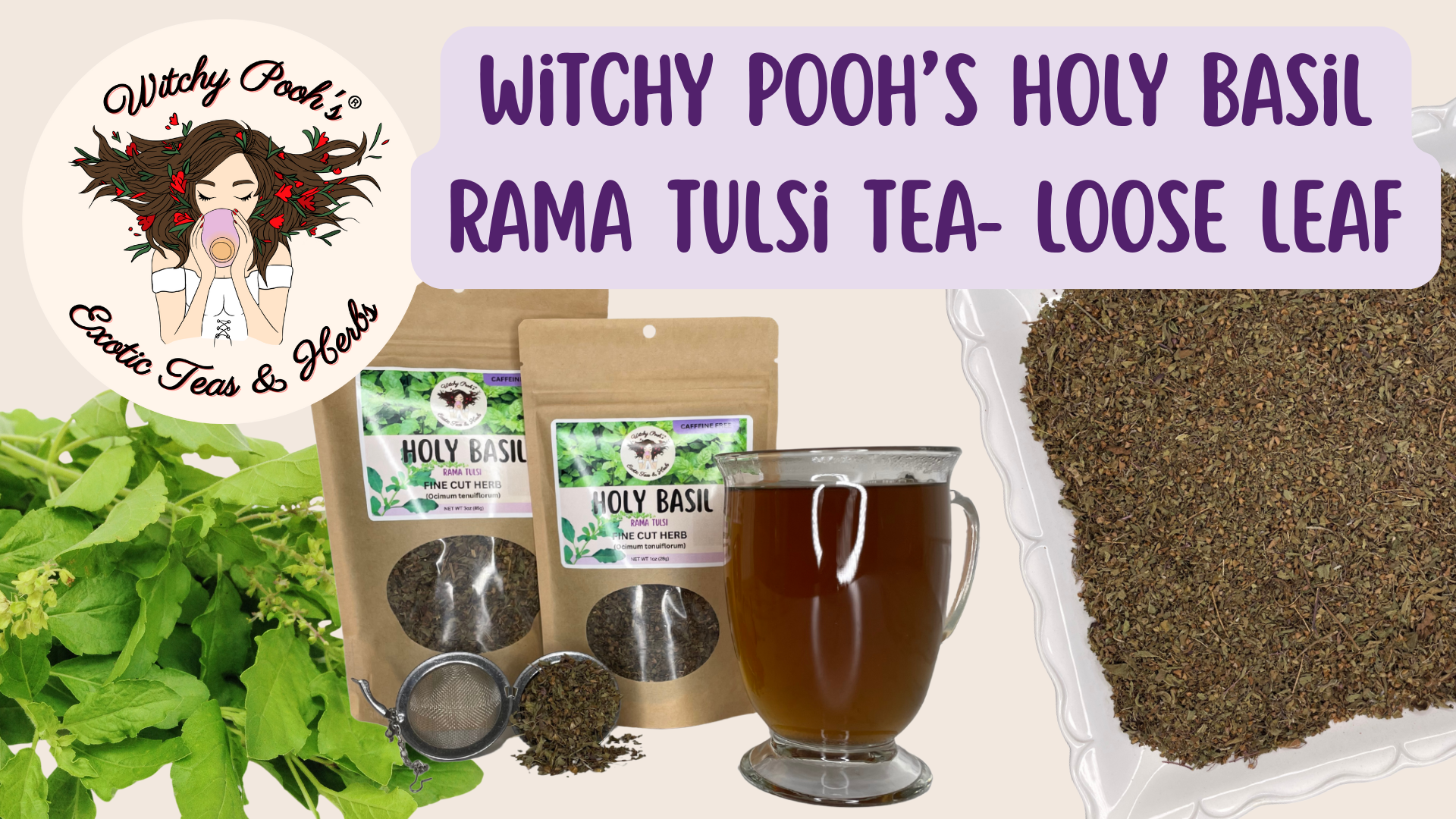 thumbnail video image 2 of Witchy Pooh's Holy Basil Tea, Loose Leaf, Caffeine Free, 3oz Pouch, 2 of 6