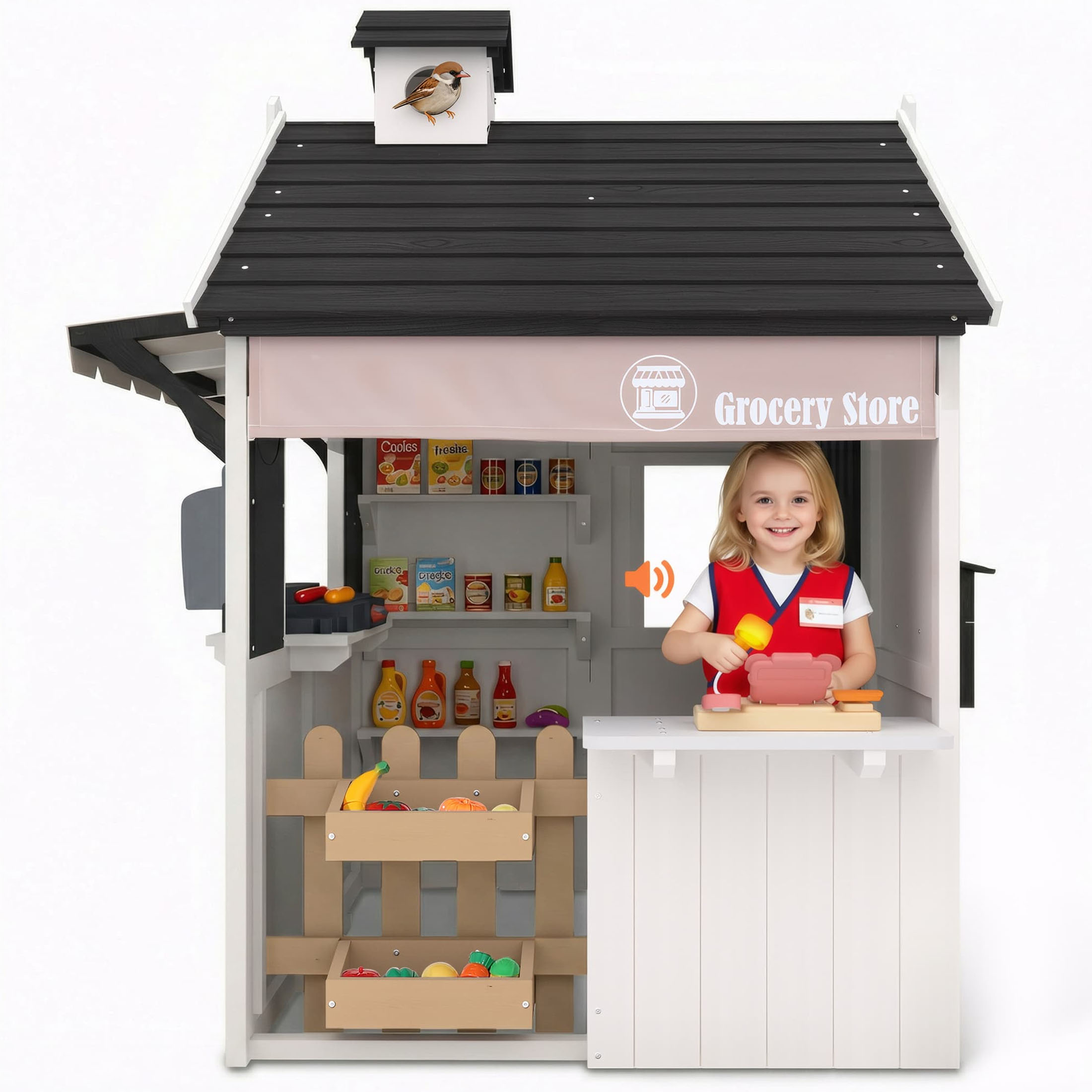 thumbnail video image 2 of COCLUB Playhouse for Kids Outdoors, 2-in-1 Backyard Playhouse with Grocery Store and BBQ Grill Station, Cedar Wood, White, 2 of 10