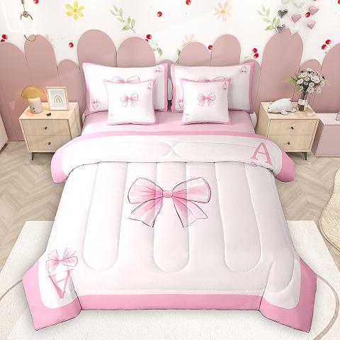 thumbnail video image 2 of Homewish Initial Letter B 7 Pieces Bedding Comforter Set,Cute Cartoon Bow Full Bedding Set,Pink Bowknot Fitted Sheet Flat Sheet For Girl,Breathable Bedroom Decoration Reversible, 2 of 9