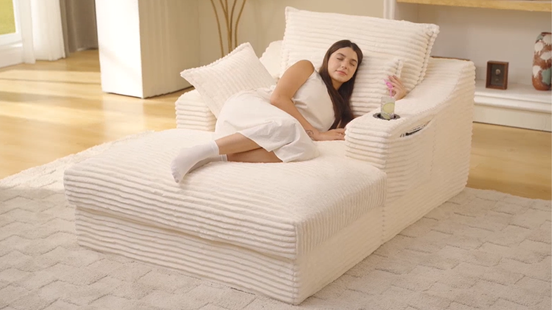 thumbnail video image 2 of Muumblus Indoor Chaise Lounge with Cup Holders, No Assembly Required, Oversized Upholstered Lounge Chair Sofa Bed for Living Room, Bedroom, Apt., Beige Corduroy, 2 of 13