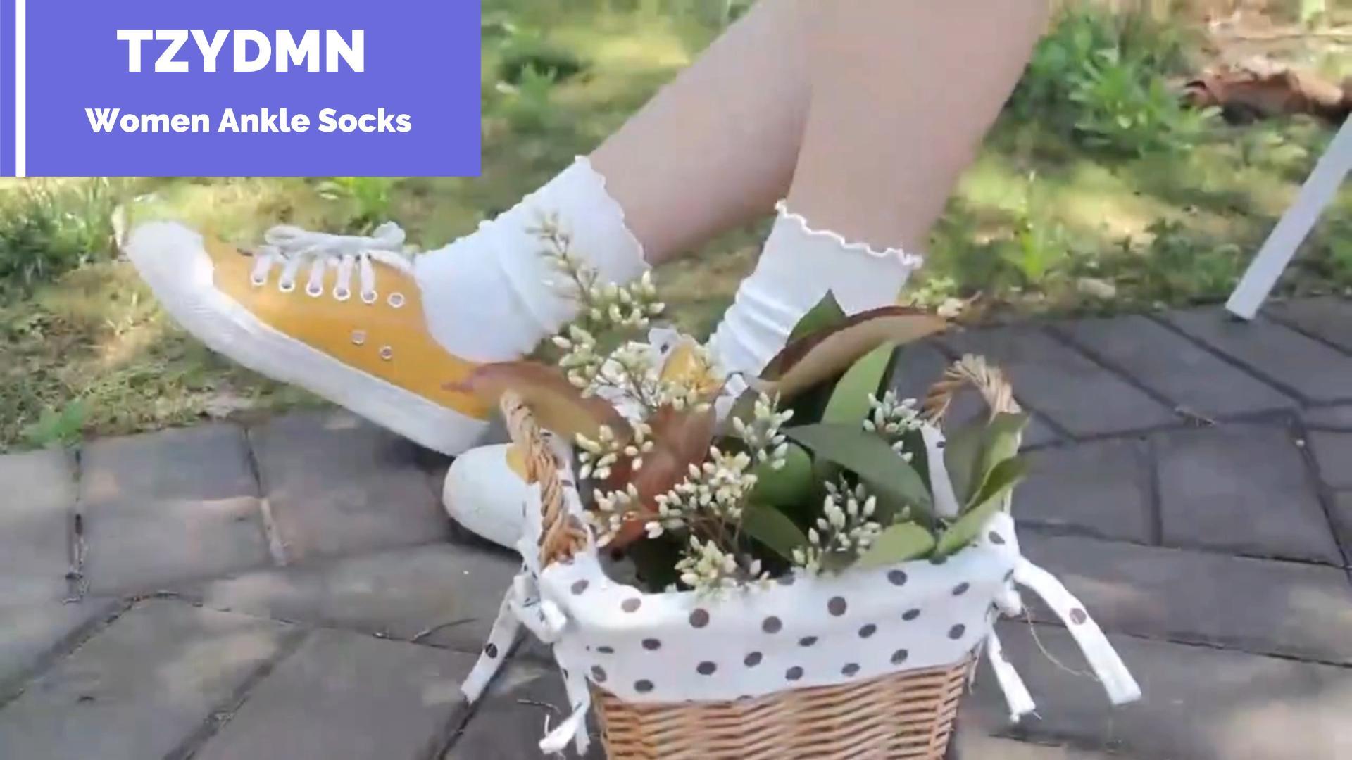 thumbnail video image 2 of TZYDMN Womens Ruffle Ankle Socks Fashion Breathable Solid Color Turn-Cuff Cute Girls Socks 3 Pairs, 2 of 3