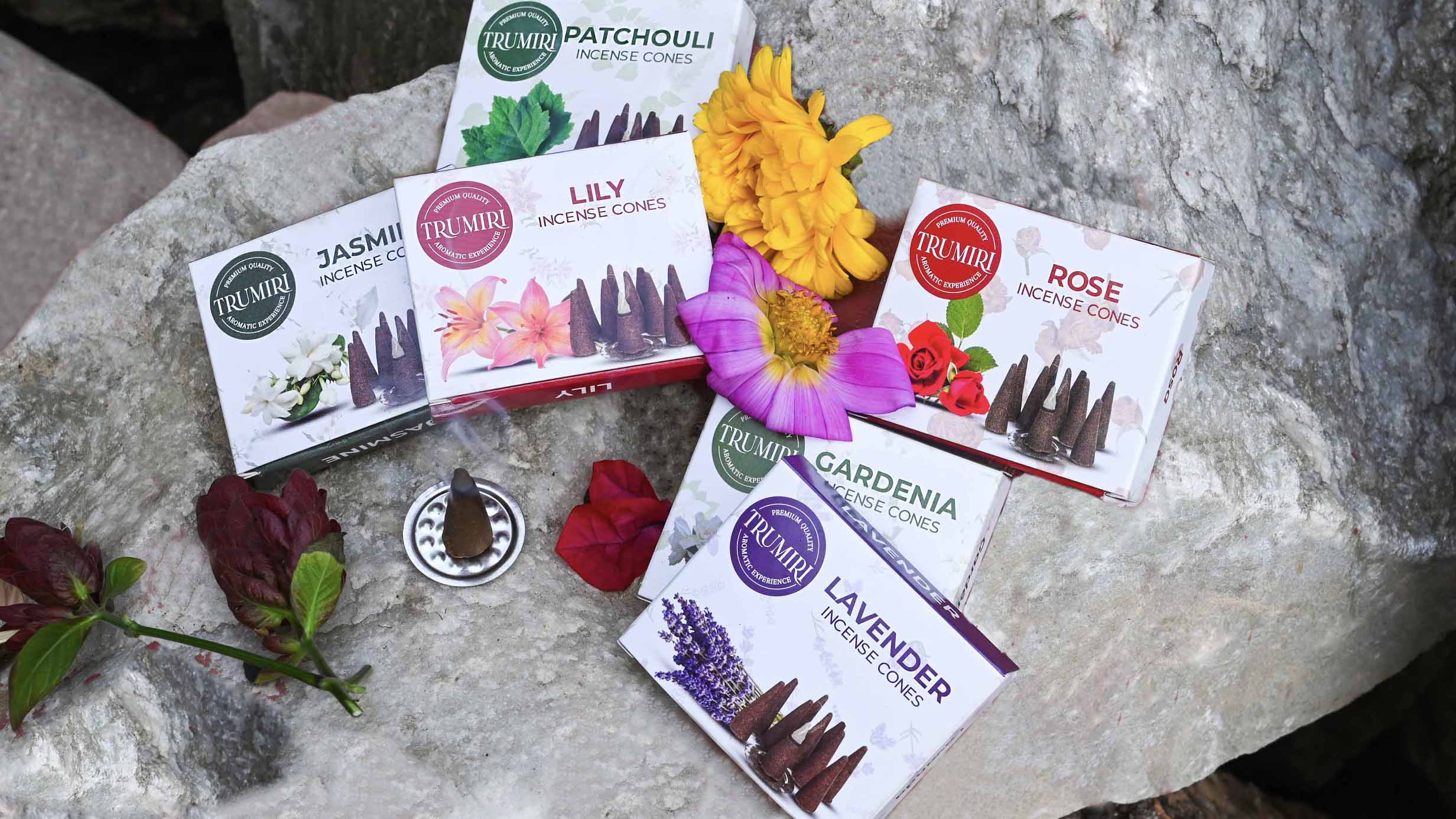 thumbnail video image 2 of Trumiri Floral Incense Cones - Variety Pack - Total 60 Cone Incense (6 Scents x 10 Conos) - Rose, Lavender, Jasmin, Patchouli, Gardenia, Lily - Cone Incense Scents - Insense Cones - Incent Cone, 2 of 6