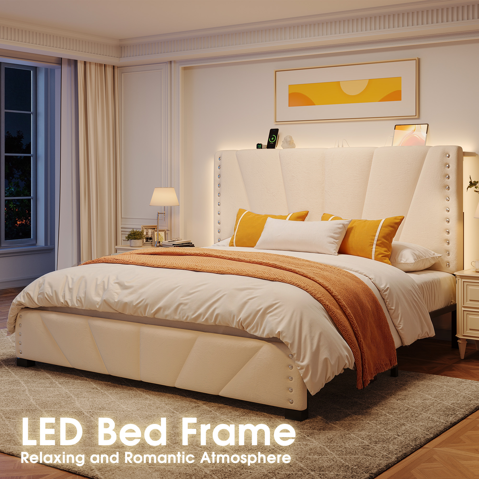 thumbnail video image 2 of EnHomee Queen Bed Frame with Upholstered Headboard Bed Frame with LED Lights & Charge Station , Noise Free, 2 of 11