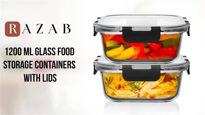 thumbnail video image 2 of Razab 4Cup, 42oz Glass Storage Containers with Lids (4-Pcs) Leakproof, Reusable Meal Prep Containers for Lunch and Leftovers, 2 of 9