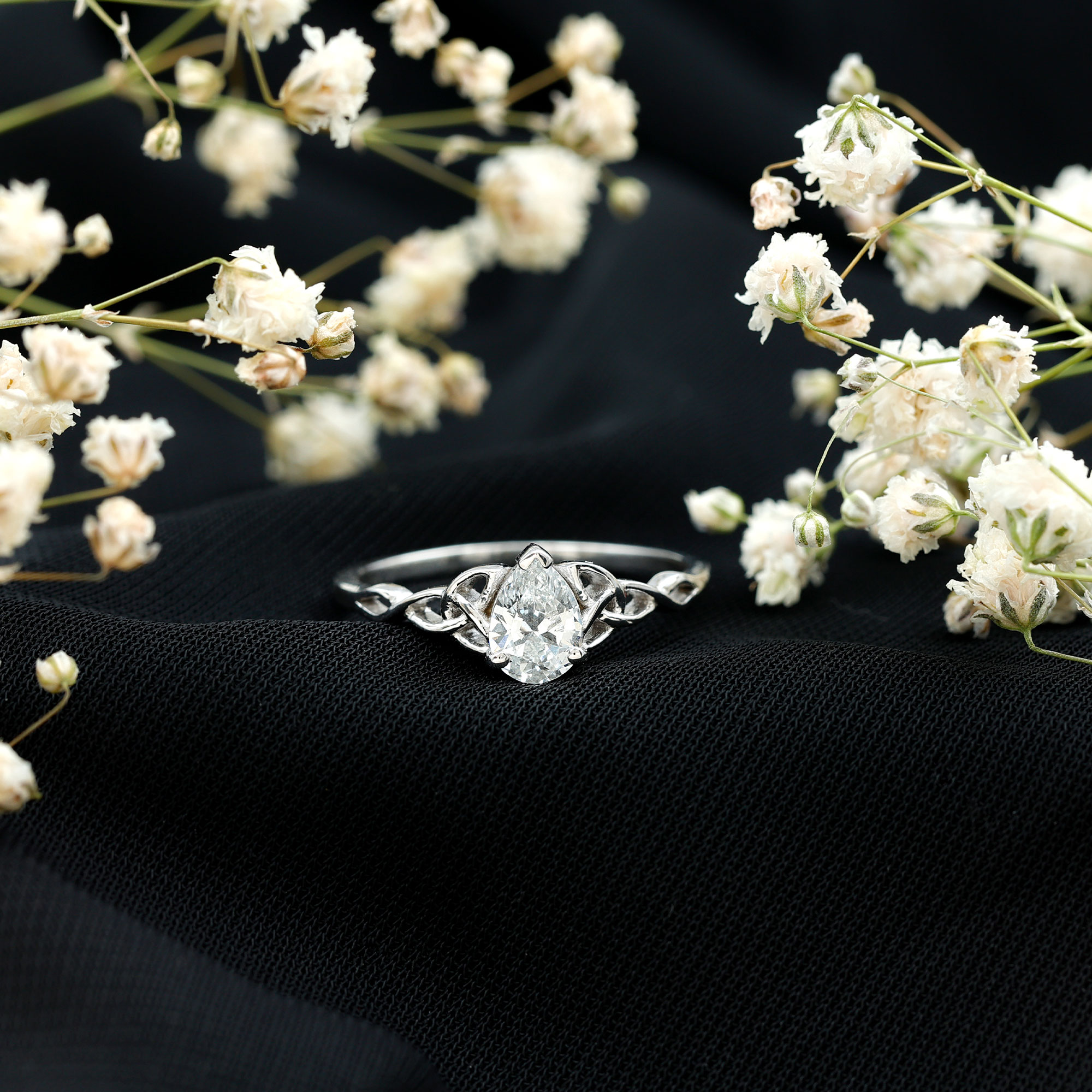 thumbnail video image 2 of Rosec Jewels Certified Moissanite Teardrop Engagement Ring - 5X7 mm - Celtic Knot Ring - D-VS1 Quality - with Jewelry Box, 18K White Gold, US 11.00, 2 of 9