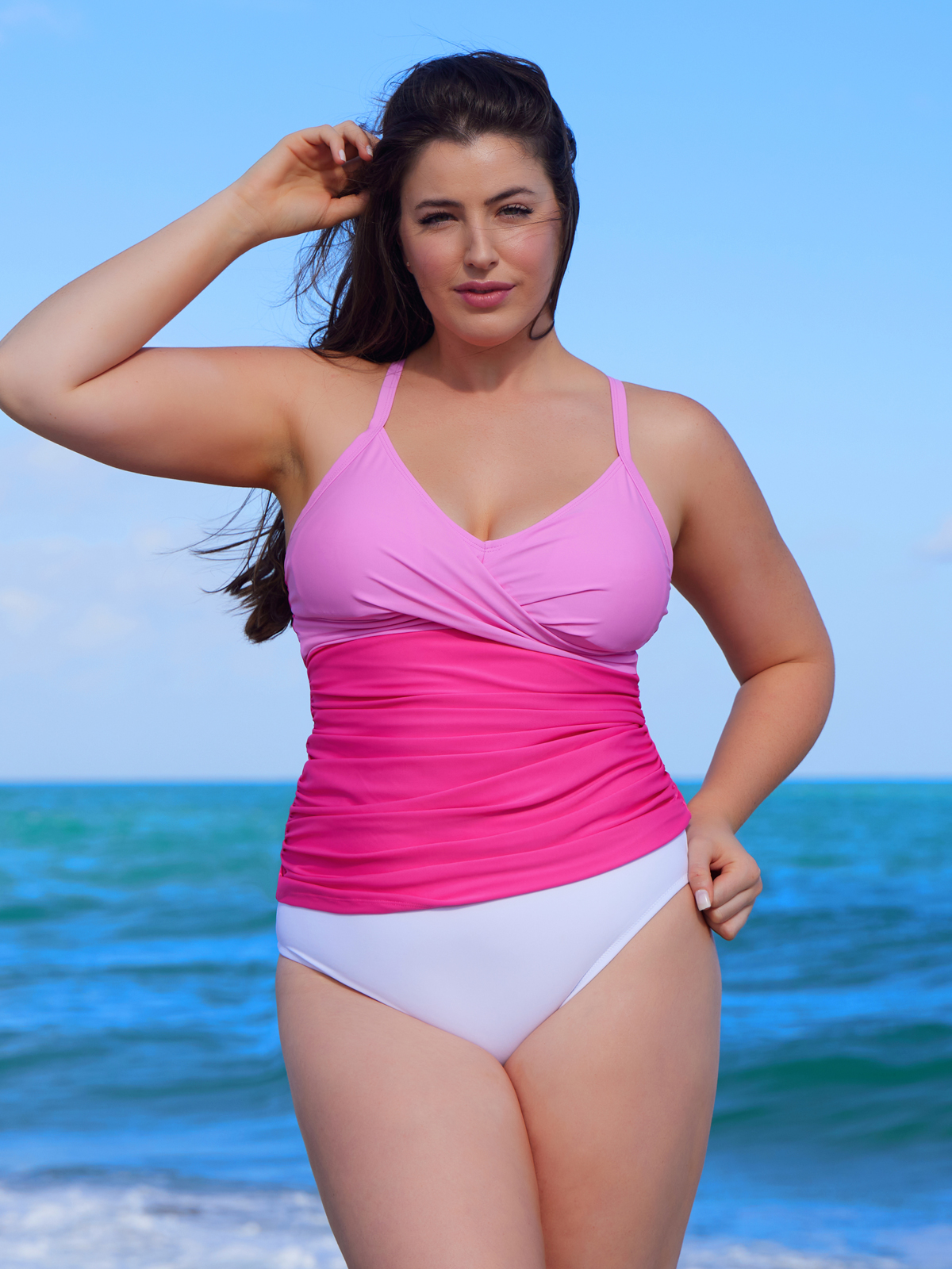 thumbnail video image 2 of RELLECIGA Women's V Neckline Tankini Top Bathing Suits Ruched Swimwear, 2 of 8