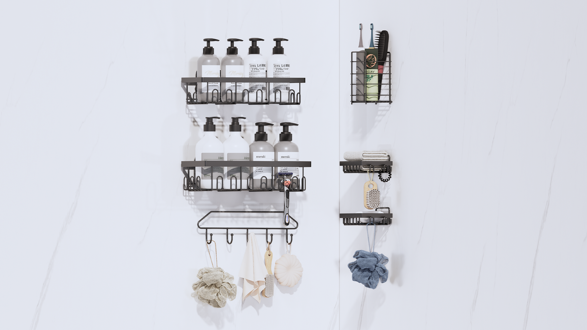 thumbnail video image 2 of Topritt Shower Caddy 6 Pack, Adhesive Shower Organizer with Soap Holder, Large Capacity, No-Drill Wall Mounted Bathroom Organizer Basket for Bathroom & Kitchen Storage, Black, 2 of 11