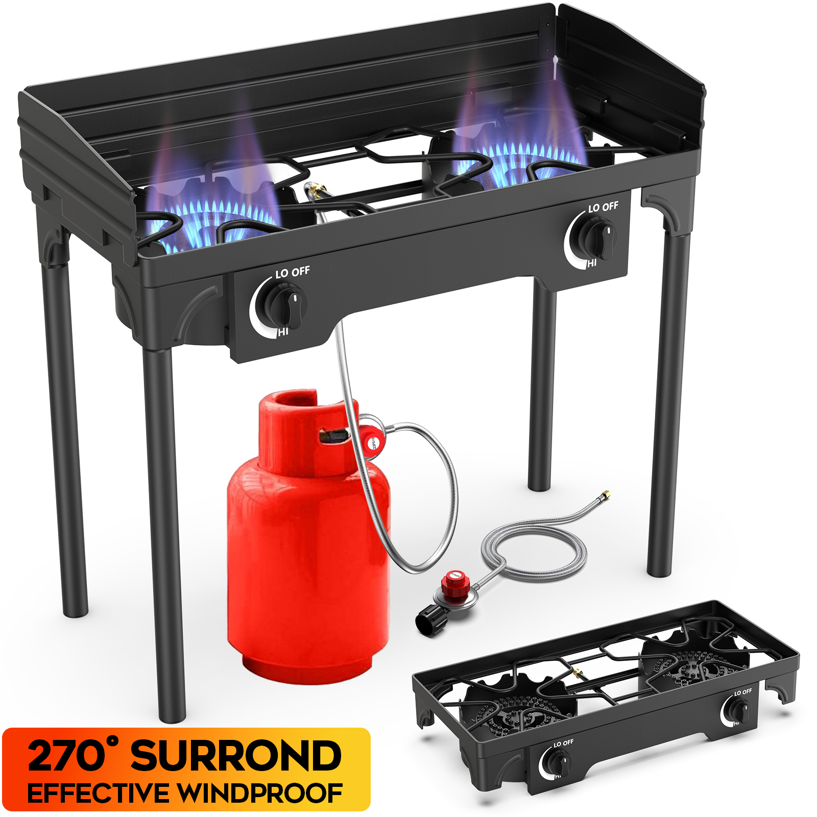 thumbnail video image 2 of LNOW Gas Cooker Outdoor Propane Camping Stove with Wind Panel Picnic Stove Stand BBQ Grill Portable 150000 BTU Gas Stove 2 Burner for Camping, 2 of 11
