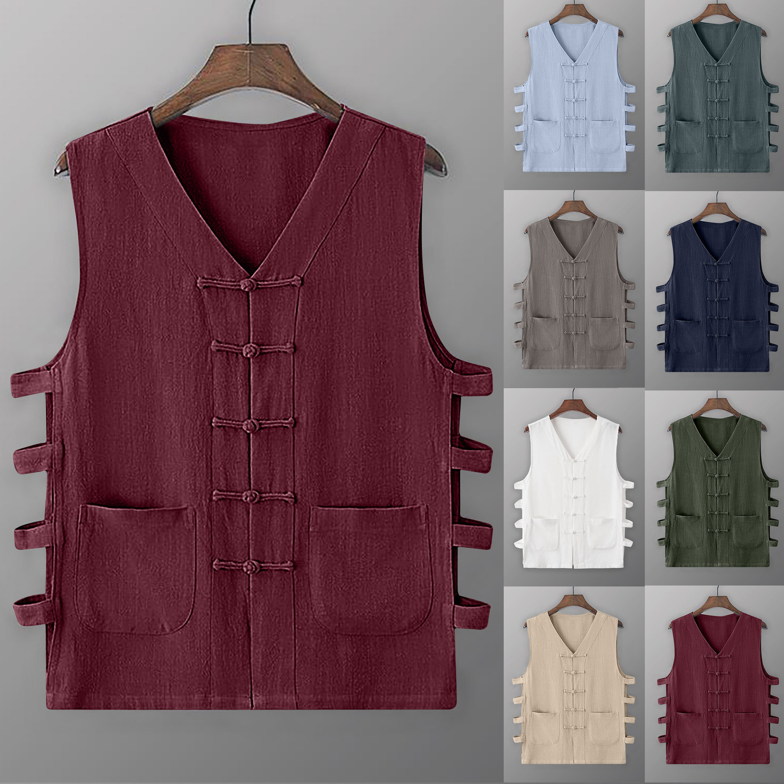 thumbnail video image 2 of WREESH Men's Summer Waistcoat Summer Casual Waistcoat Vintage Kung Fu Shirt Solid Cotton Linen Sleeveless Vest Jacket Olive Green, 2 of 9
