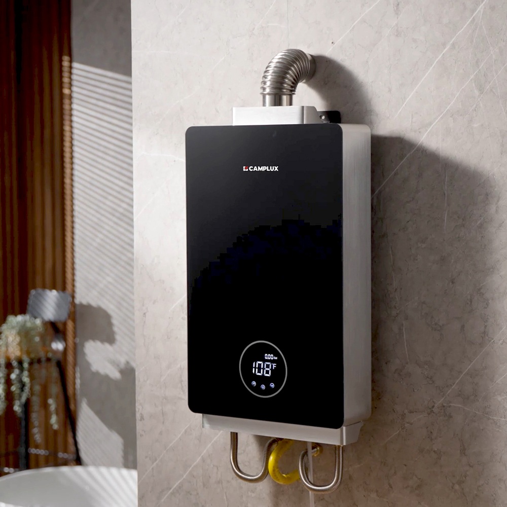 thumbnail video image 2 of CAMPLUX 3.18 GPM 82,000 BTU Natural Gas Indoor Tankless Water Heater with Vent Pipe, 2 of 10